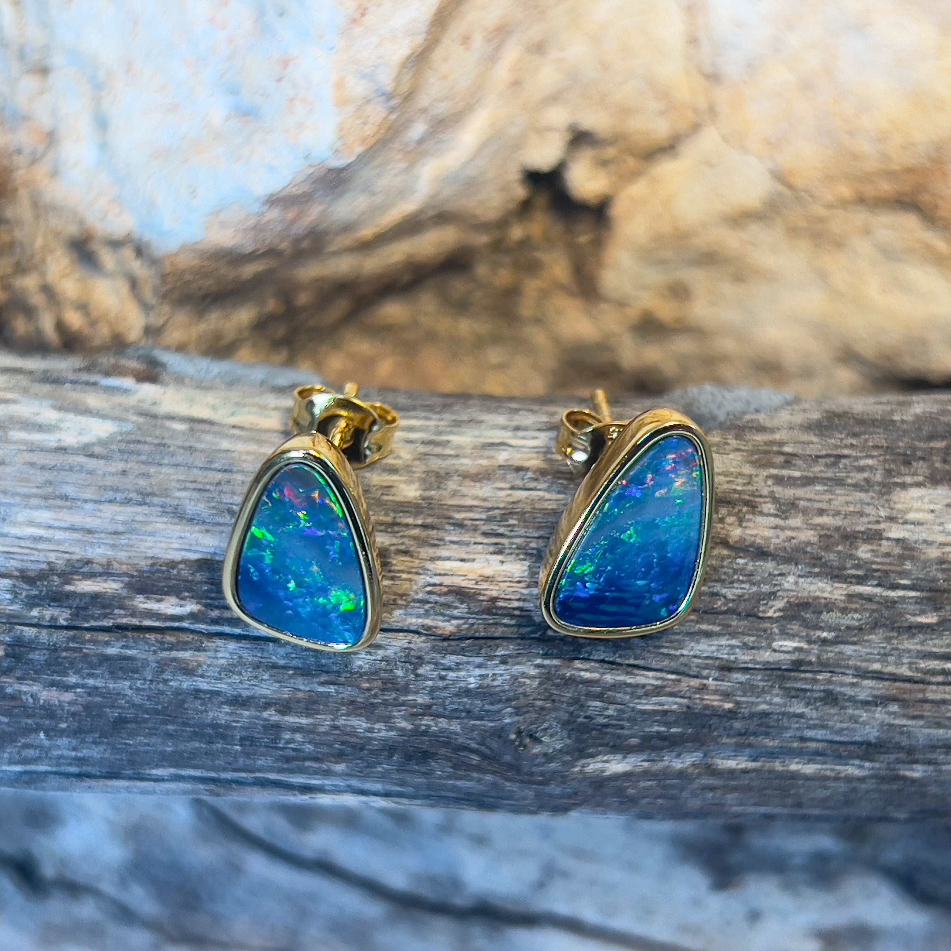 Gold Plated sterling silver freeform Doublet earrings studs - Masterpiece Jewellery Opal & Gems Sydney Australia | Online Shop