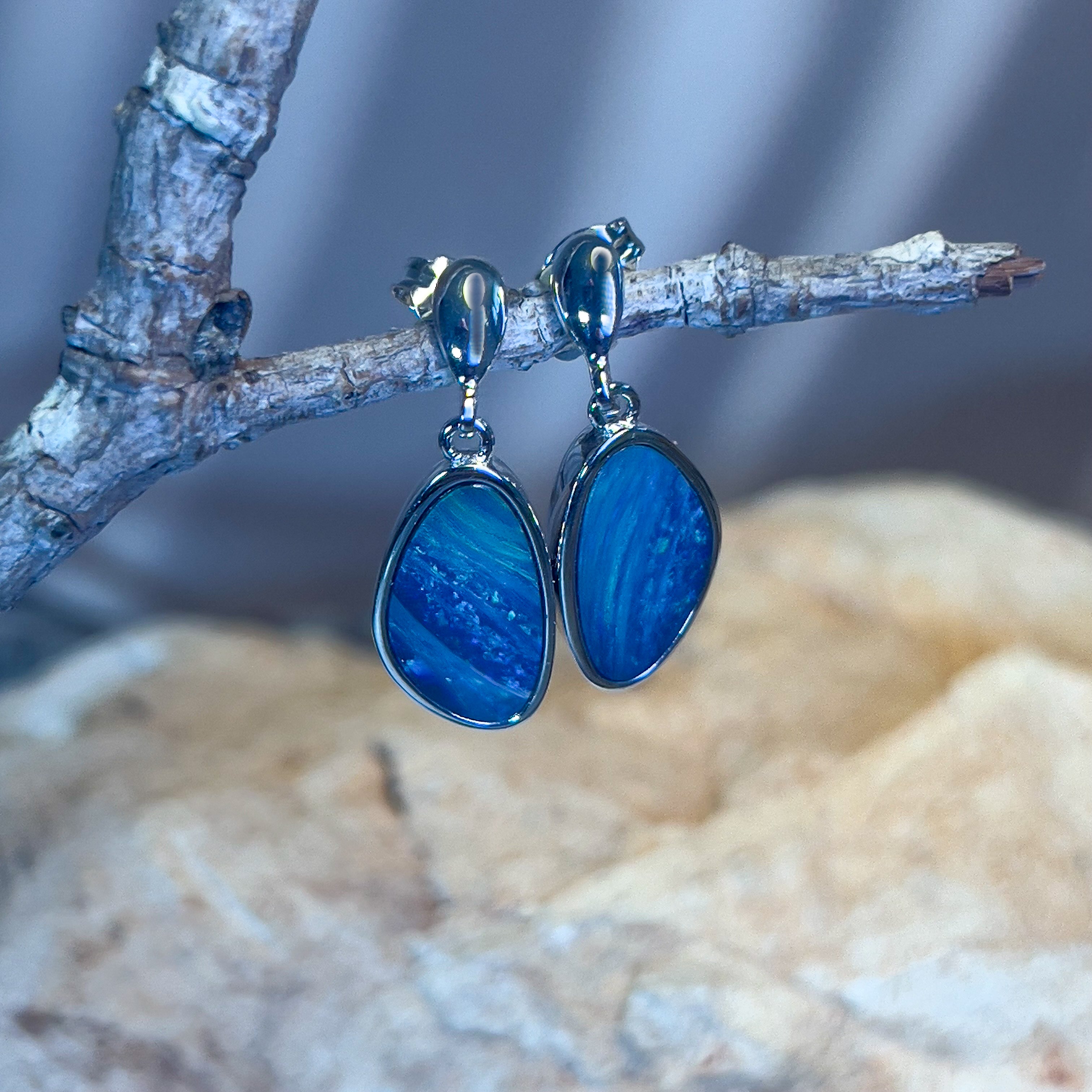 Sterling Silver Opal doublet triangular freeform dangling earrings Blue Green - Masterpiece Jewellery Opal & Gems Sydney Australia | Online Shop