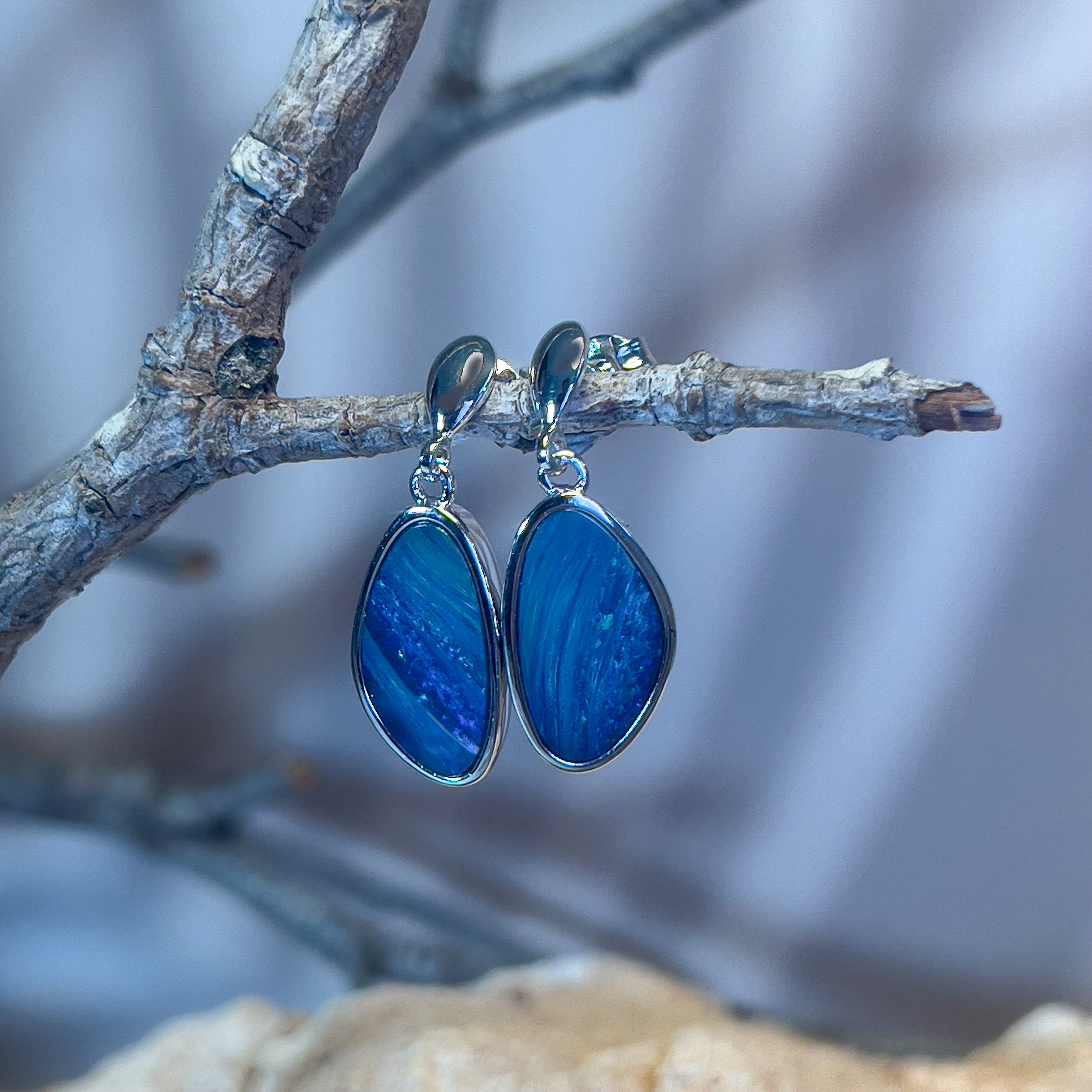 Sterling Silver Opal doublet triangular freeform dangling earrings Blue Green - Masterpiece Jewellery Opal & Gems Sydney Australia | Online Shop