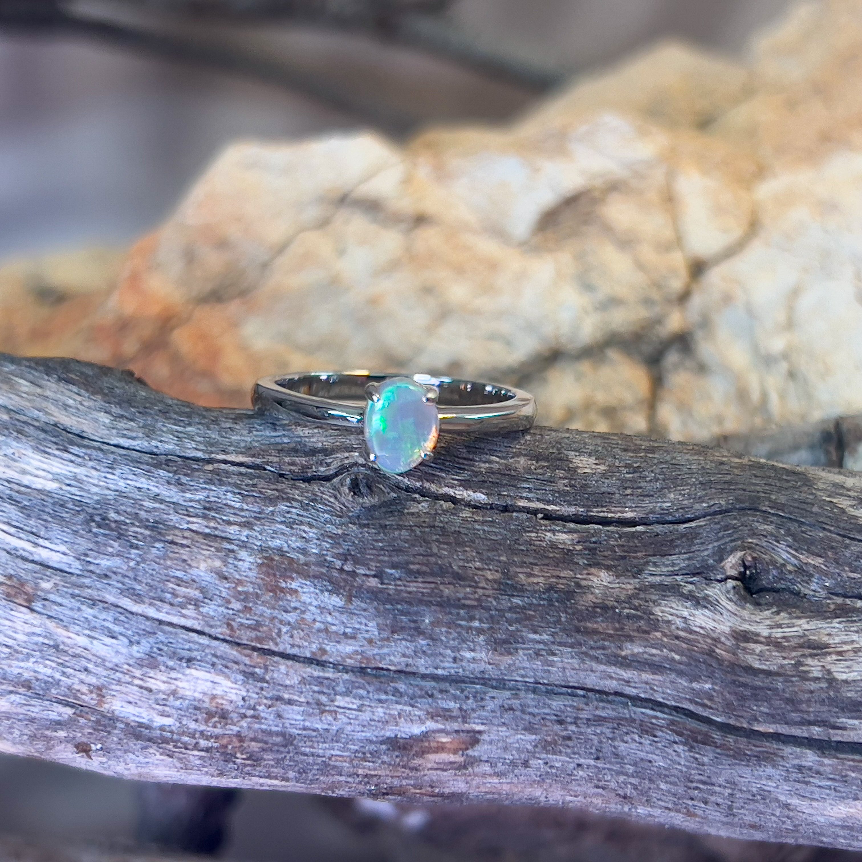 Sterling Silver Black Opal crystal 0.6ct green solitaire ring - Masterpiece Jewellery Opal & Gems Sydney Australia | Online Shop