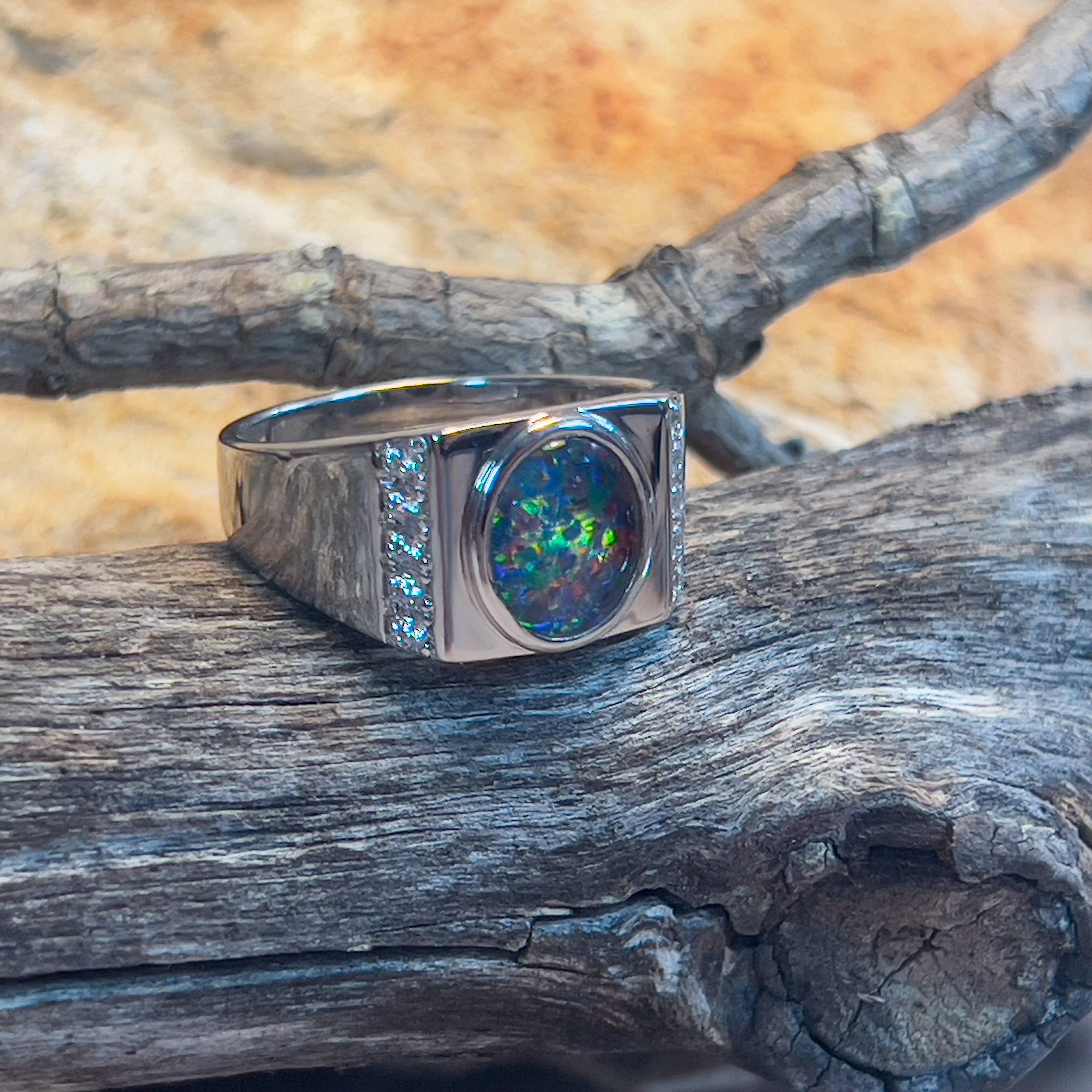 Sterling Silver 10x8mm Opal triplet bezel with cubic zirconia side set ring - Masterpiece Jewellery Opal & Gems Sydney Australia | Online Shop