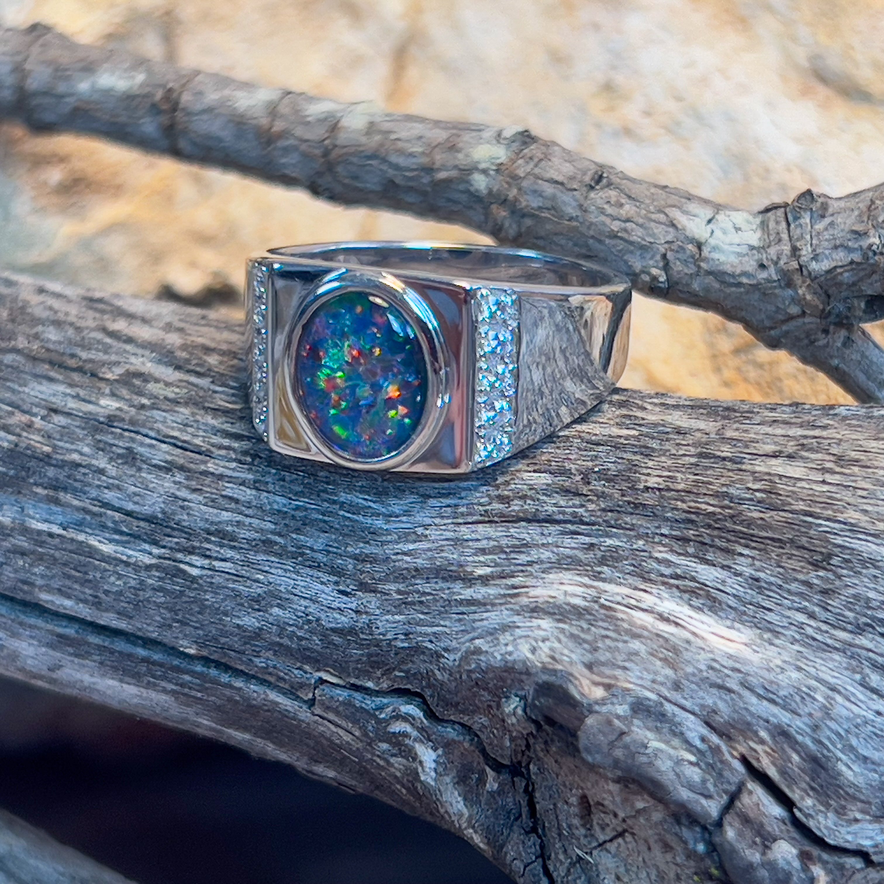 Sterling Silver 10x8mm Opal triplet bezel with cubic zirconia side set ring - Masterpiece Jewellery Opal & Gems Sydney Australia | Online Shop