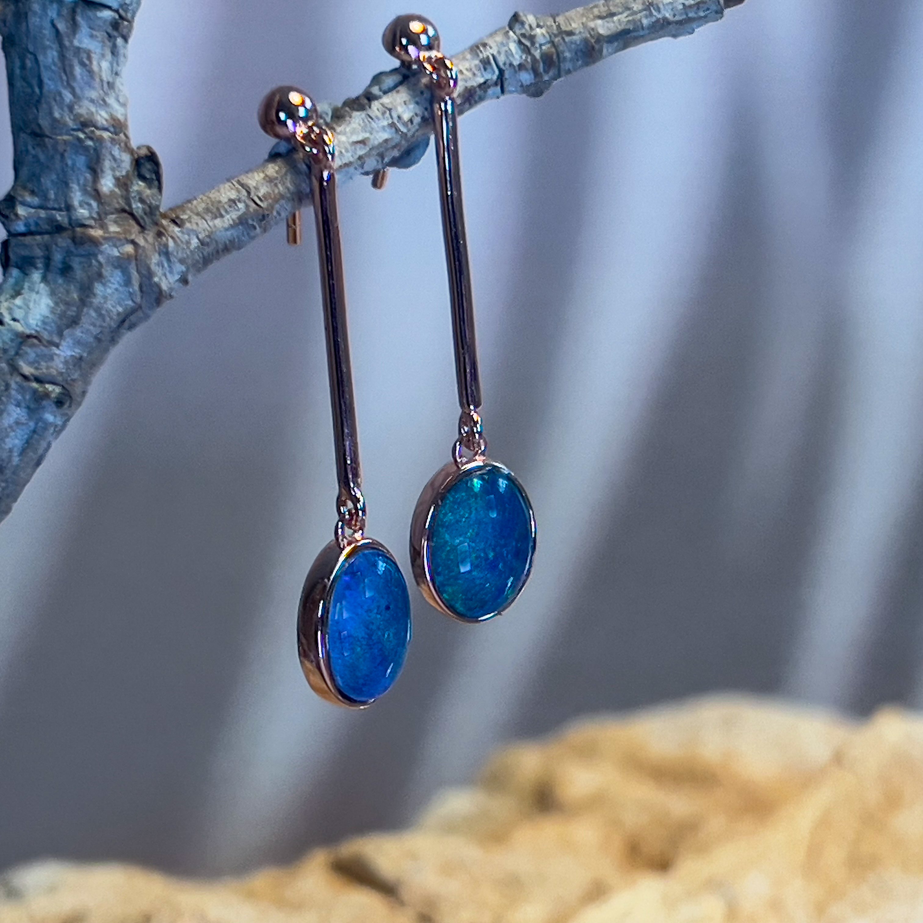 Rose Gold Plated 9x7mm Opal triplet dangling bezel set earrings - Masterpiece Jewellery Opal & Gems Sydney Australia | Online Shop