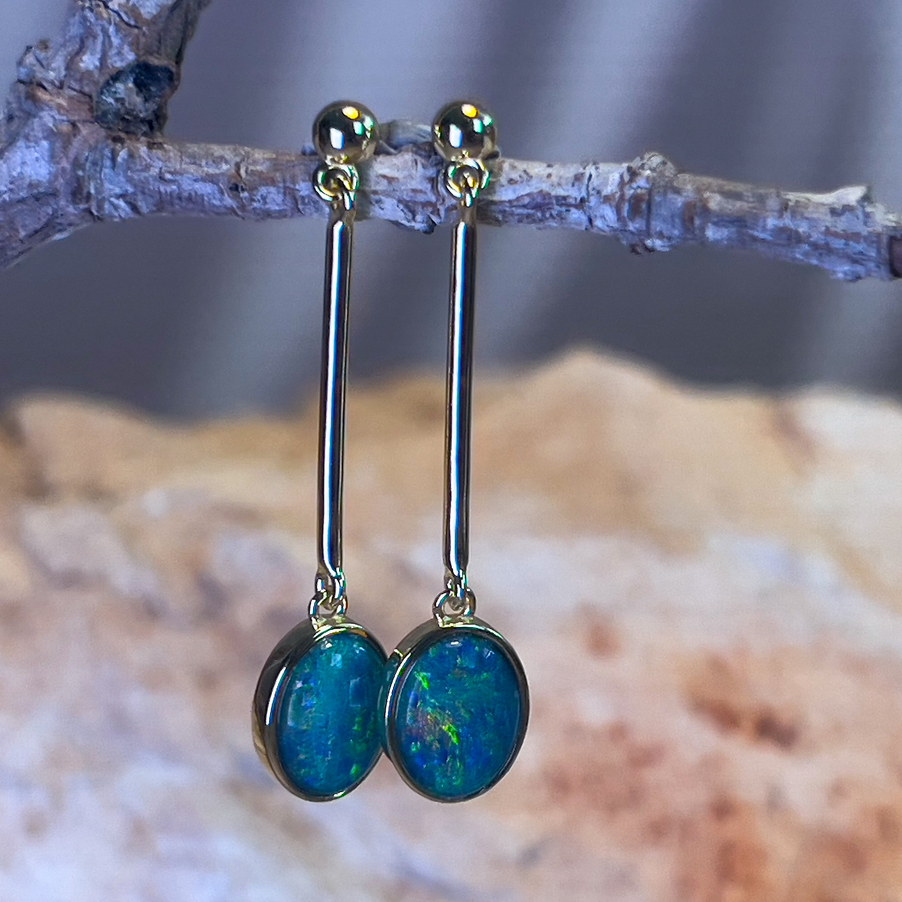Gold Plated Sterling Silver Dangle earrings 9x7mm Triplet Opals - Masterpiece Jewellery Opal & Gems Sydney Australia | Online Shop