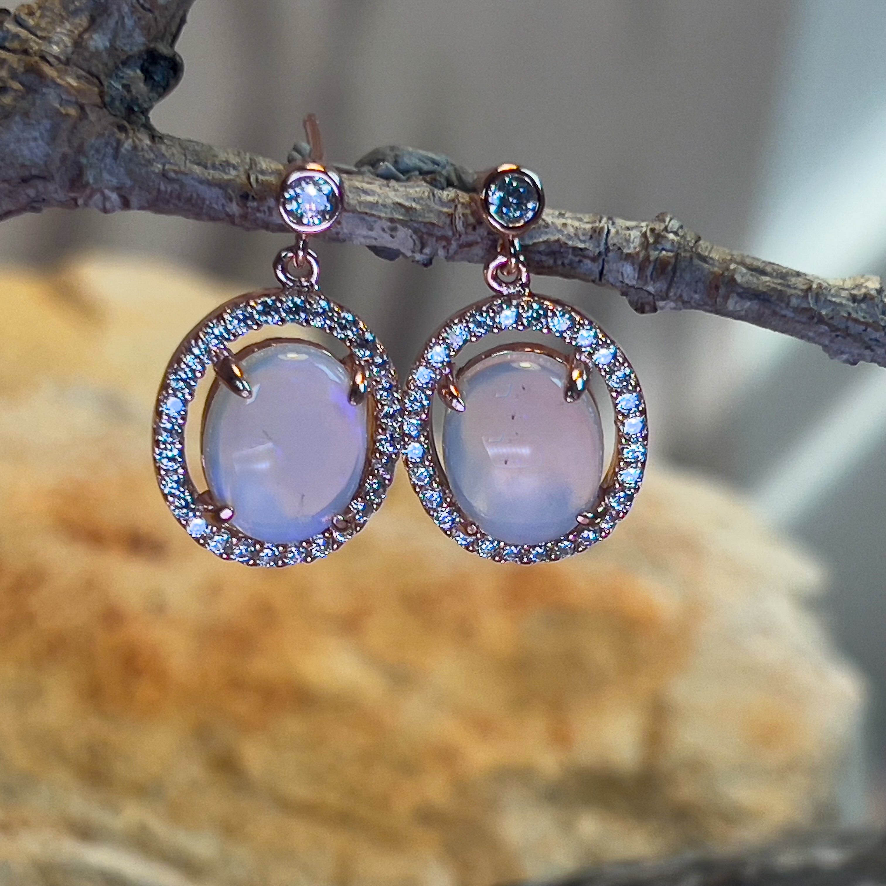 Rose Gold plated Sterling Silver dangling halo earrings 10x8mm White opals - Masterpiece Jewellery Opal & Gems Sydney Australia | Online Shop