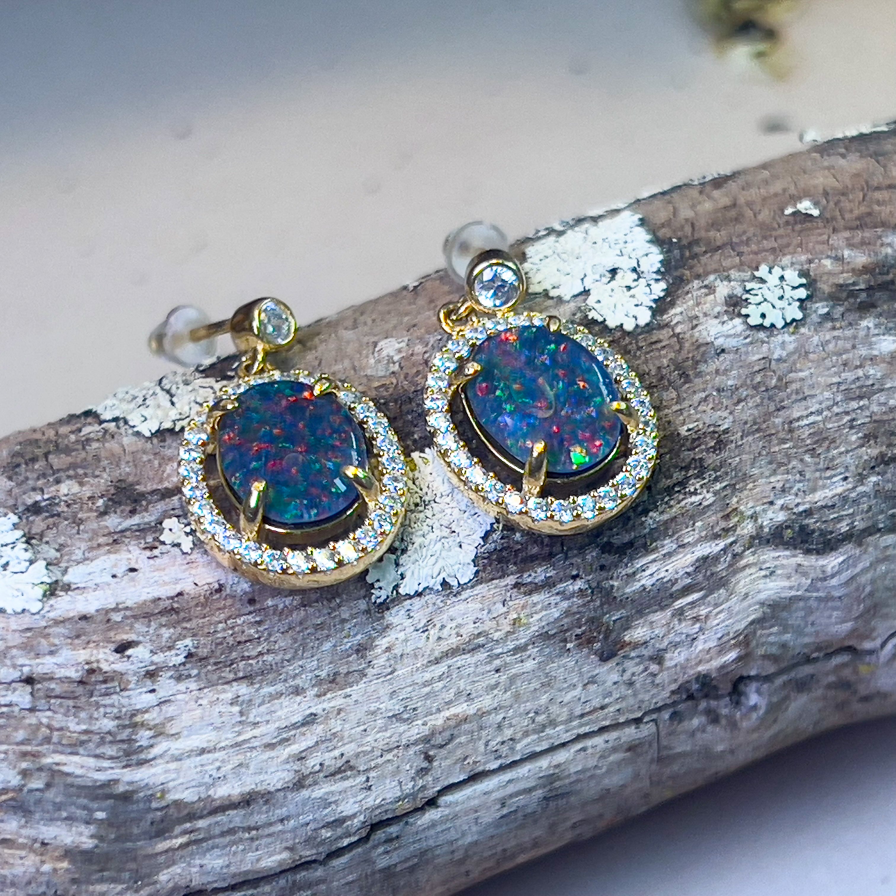 Dazzling Opal Drop Earrings - Gold Plated Sterling Silver Opal Triplet dangle earrings - Masterpiece Jewellery Opal & Gems Sydney Australia | Online Shop