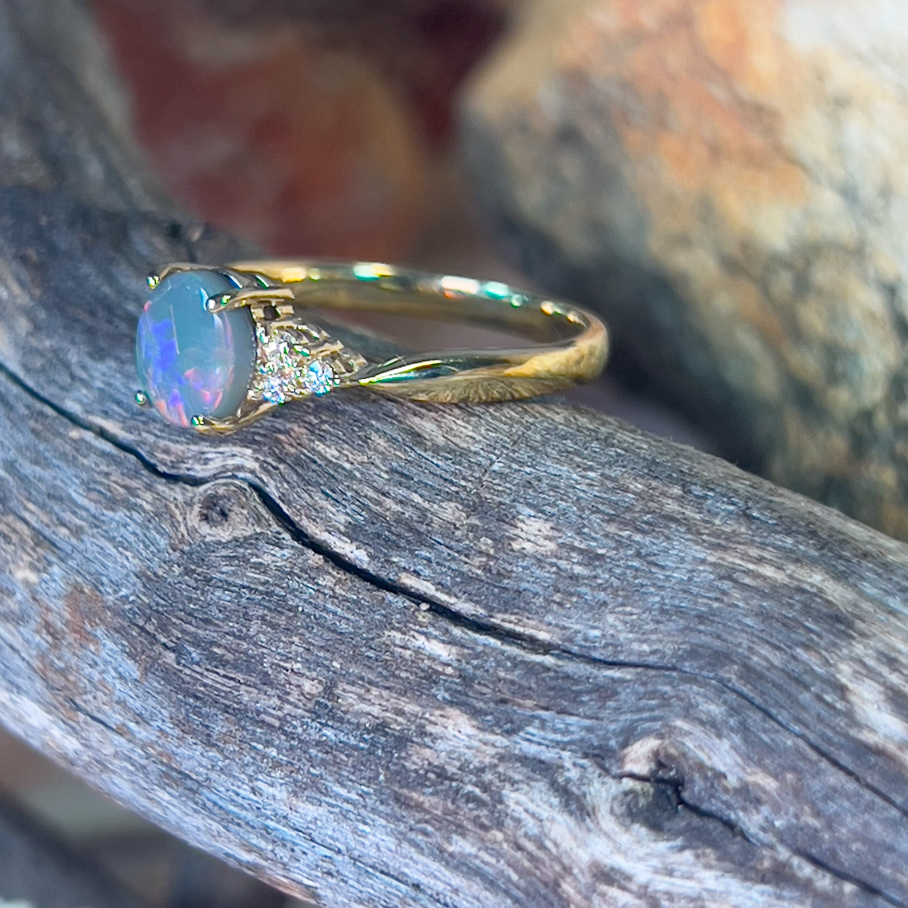 18kt Yellow Gold 1 Black Opal and 6 diamond ring - Masterpiece Jewellery Opal & Gems Sydney Australia | Online Shop