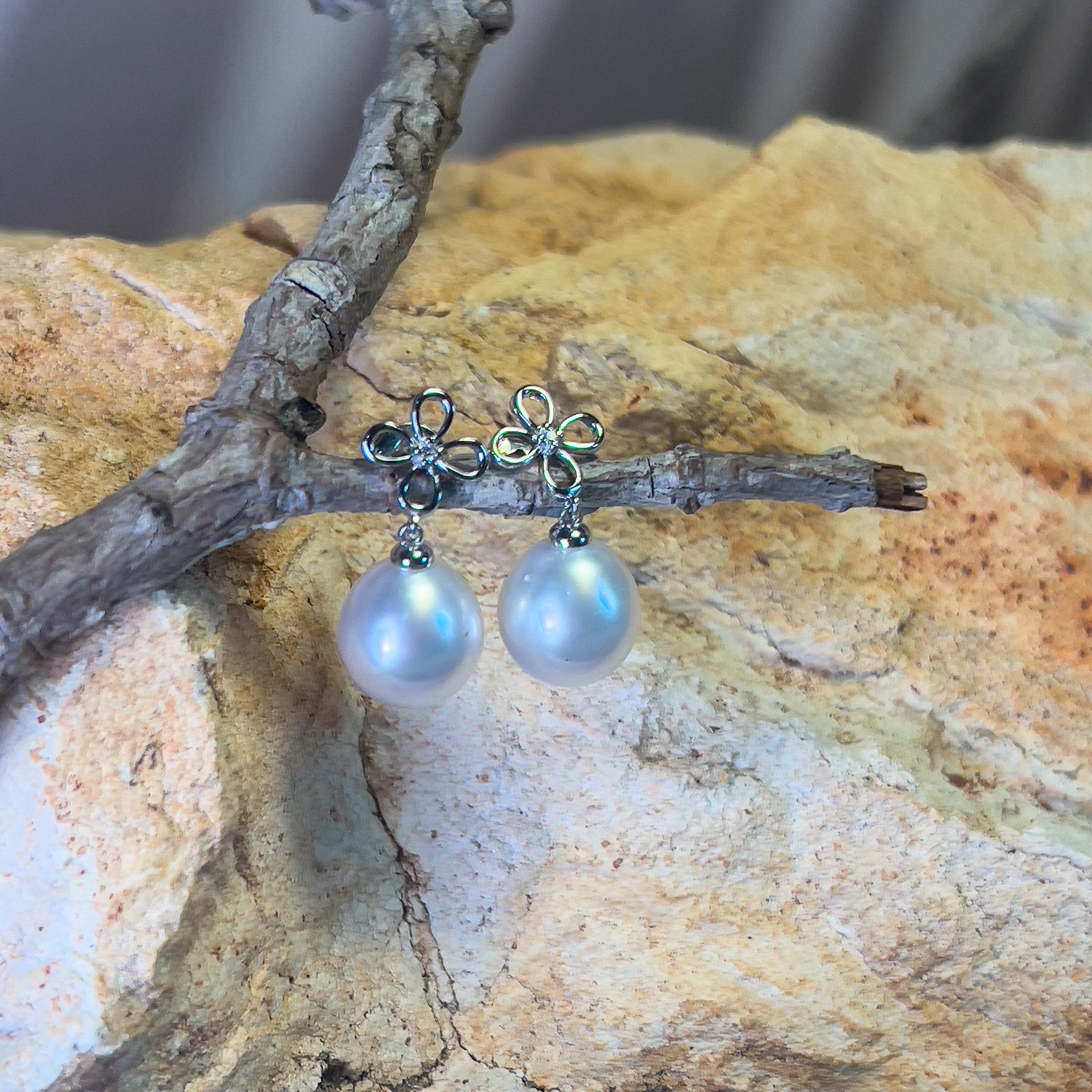 Sterling Silver dangling 10mm South Sea pearls with diamonds earrings - Masterpiece Jewellery Opal & Gems Sydney Australia | Online Shop
