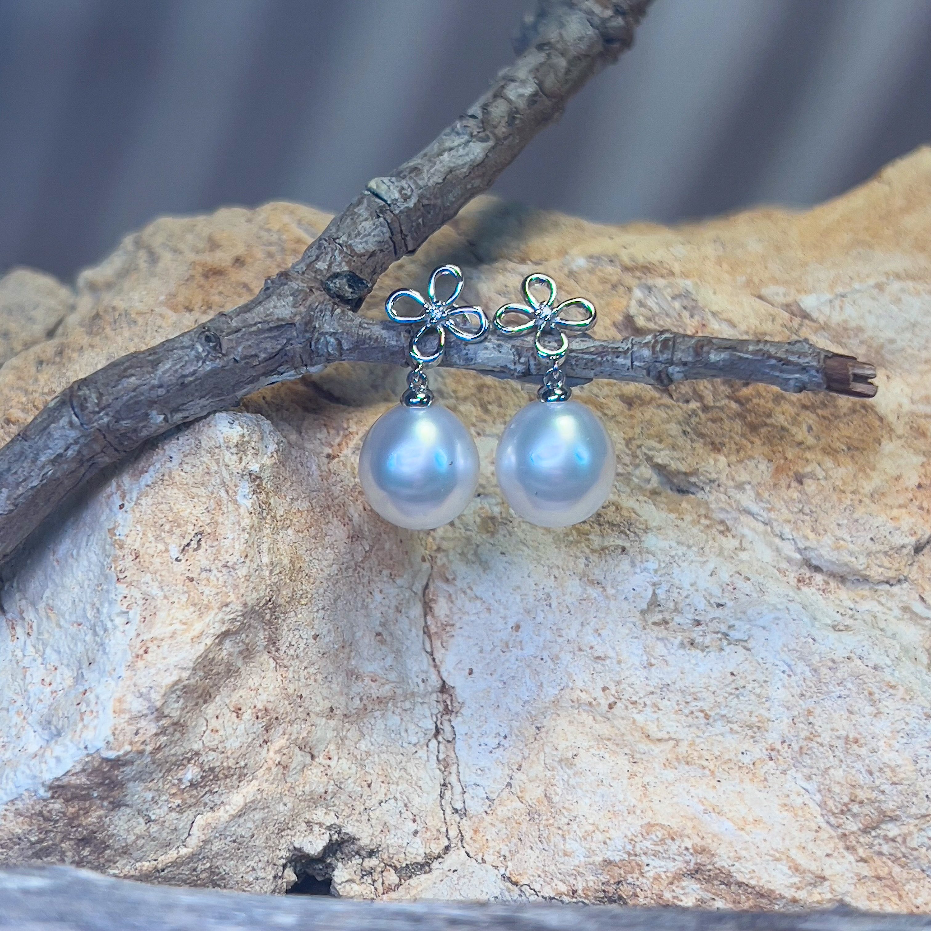 Sterling Silver dangling 10mm South Sea pearls with diamonds earrings - Masterpiece Jewellery Opal & Gems Sydney Australia | Online Shop