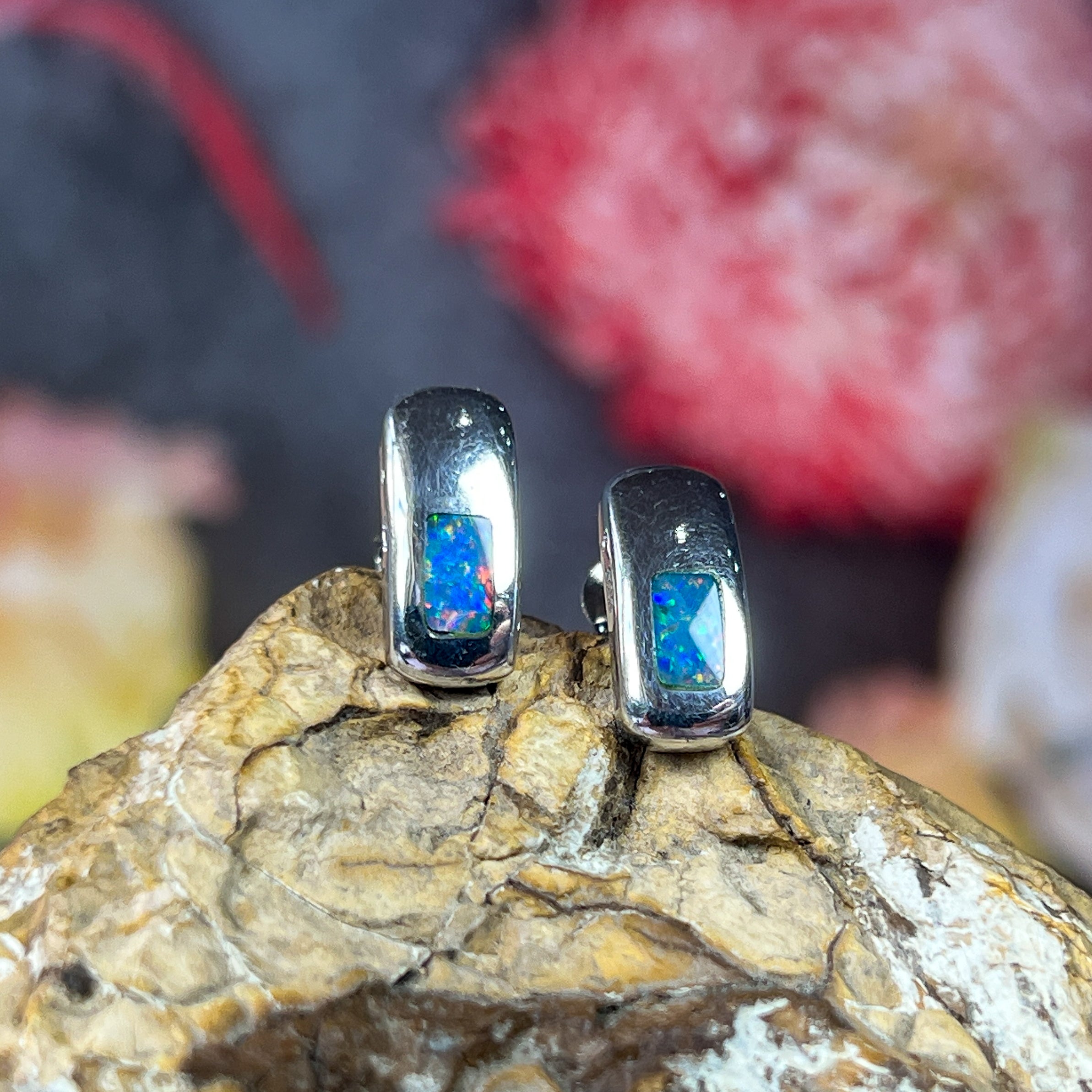 Silver Inlay Opal Earrings - Dainty & Cute Handmade Studs, Minimalist Opal Jewelry, Perfect Birthstone Gift for Her - Masterpiece Jewellery Opal & Gems Sydney Australia | Online Shop