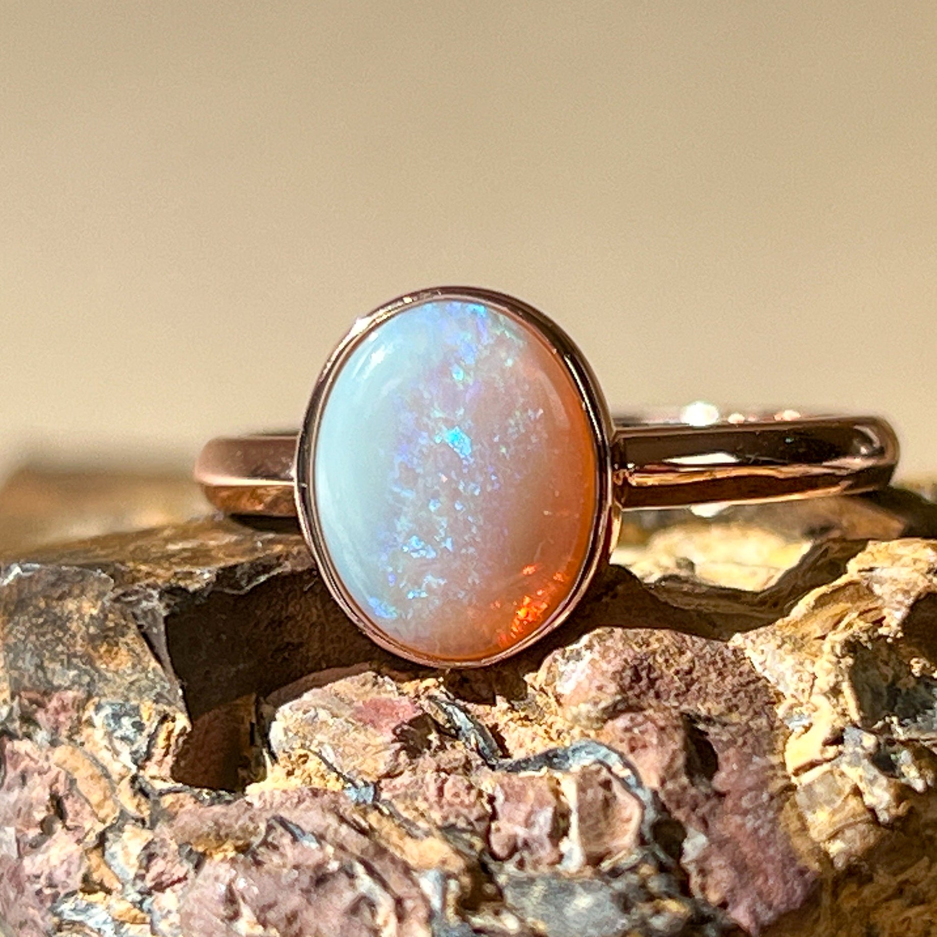 Rose Gold plated Sterling Silver 9x7mm White Opal ring bezel set - Masterpiece Jewellery Opal & Gems Sydney Australia | Online Shop