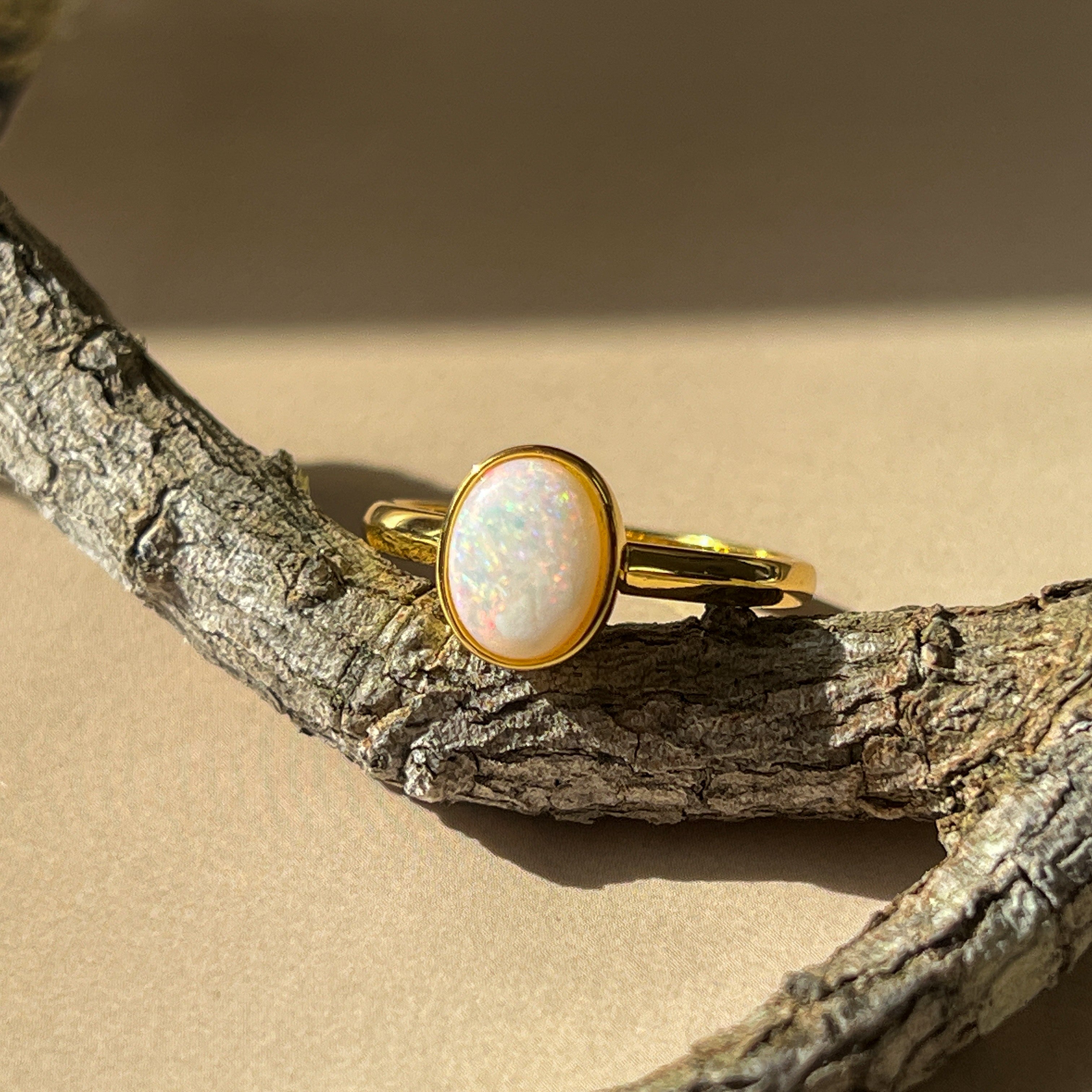 Gold plated sterling Silver 9x7mm White Opal ring solitaire bezel set - Masterpiece Jewellery Opal & Gems Sydney Australia | Online Shop