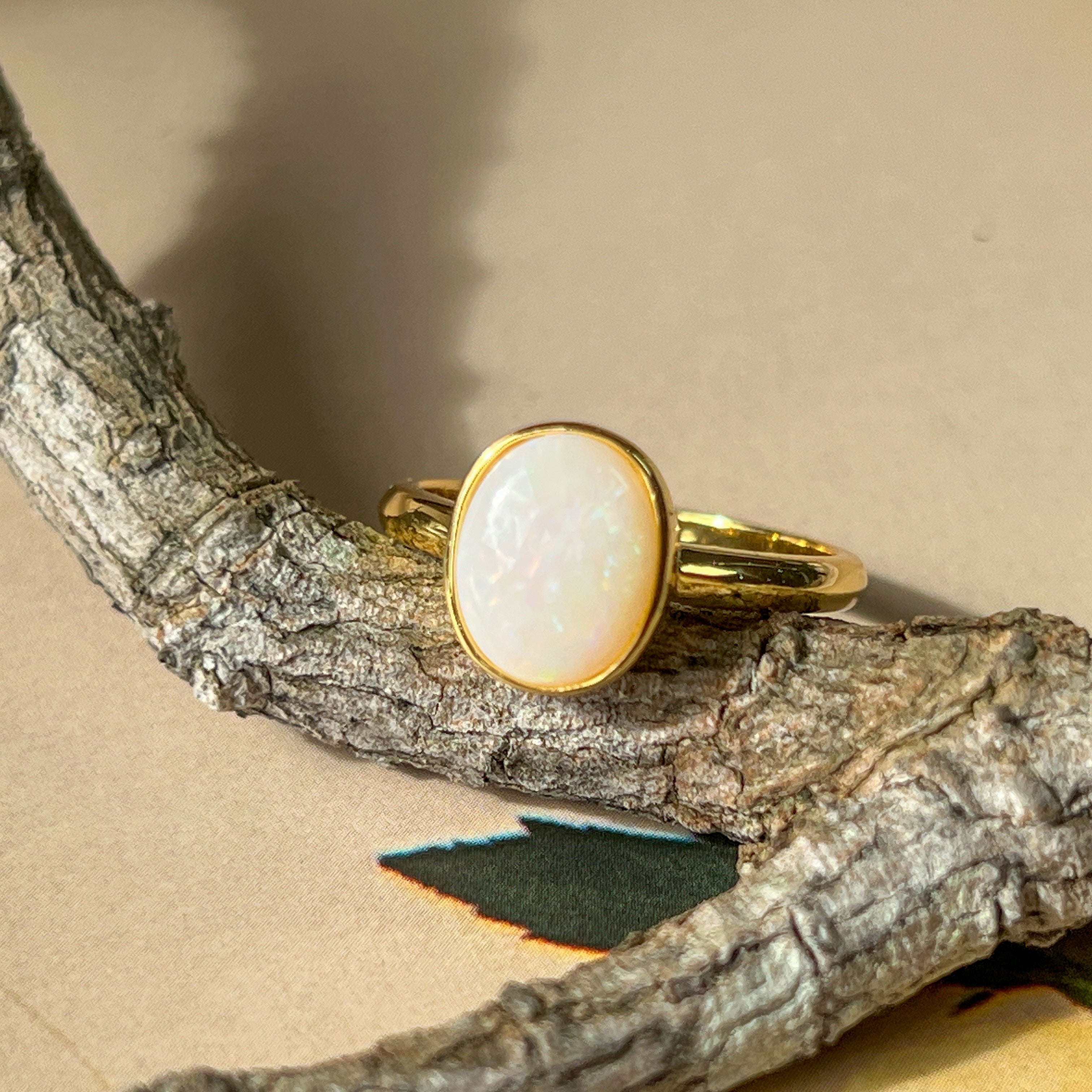 Gold-Plated Sterling Silver Ring - 10x8mm White Opal Solitaire, Bezel Set, Minimalist Gemstone Jewelry, Ideal Gift for Her - Masterpiece Jewellery Opal & Gems Sydney Australia | Online Shop