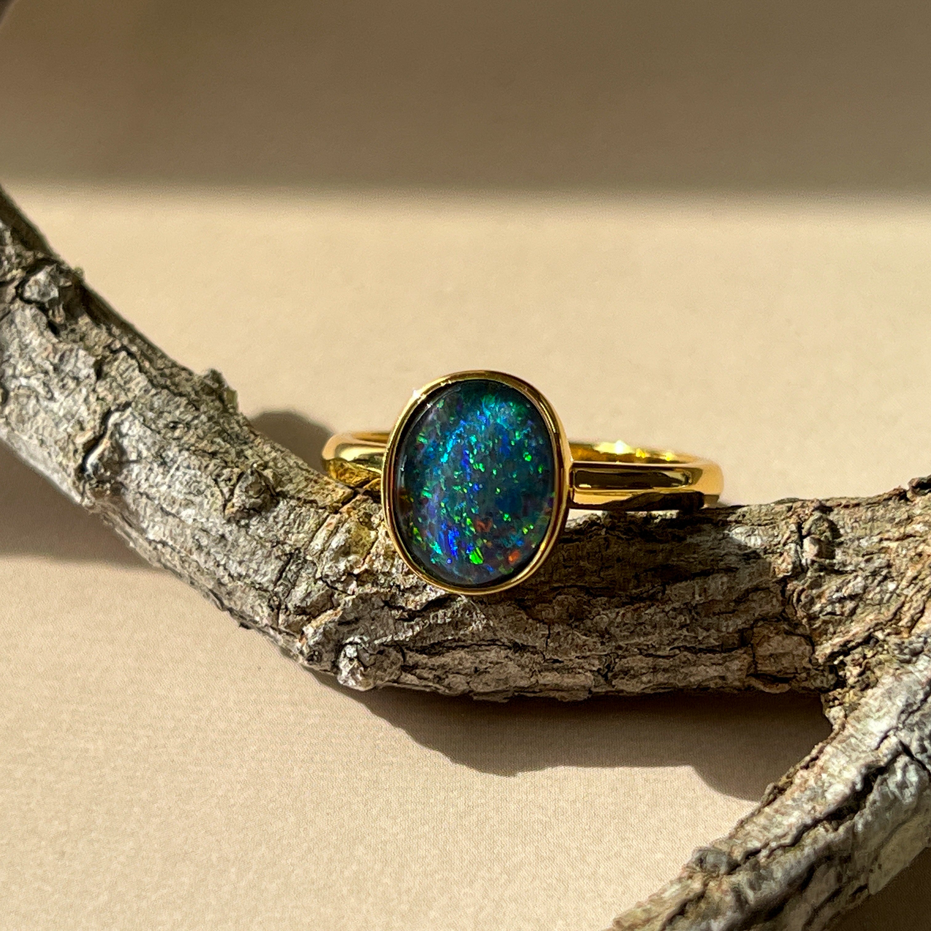 Gold-Plated Silver Ring with 10x8mm Triplet Opal - Bezel Set, Handcrafted Gemstone Jewelry, Perfect Gift for Her, Opal Ring - Masterpiece Jewellery Opal & Gems Sydney Australia | Online Shop