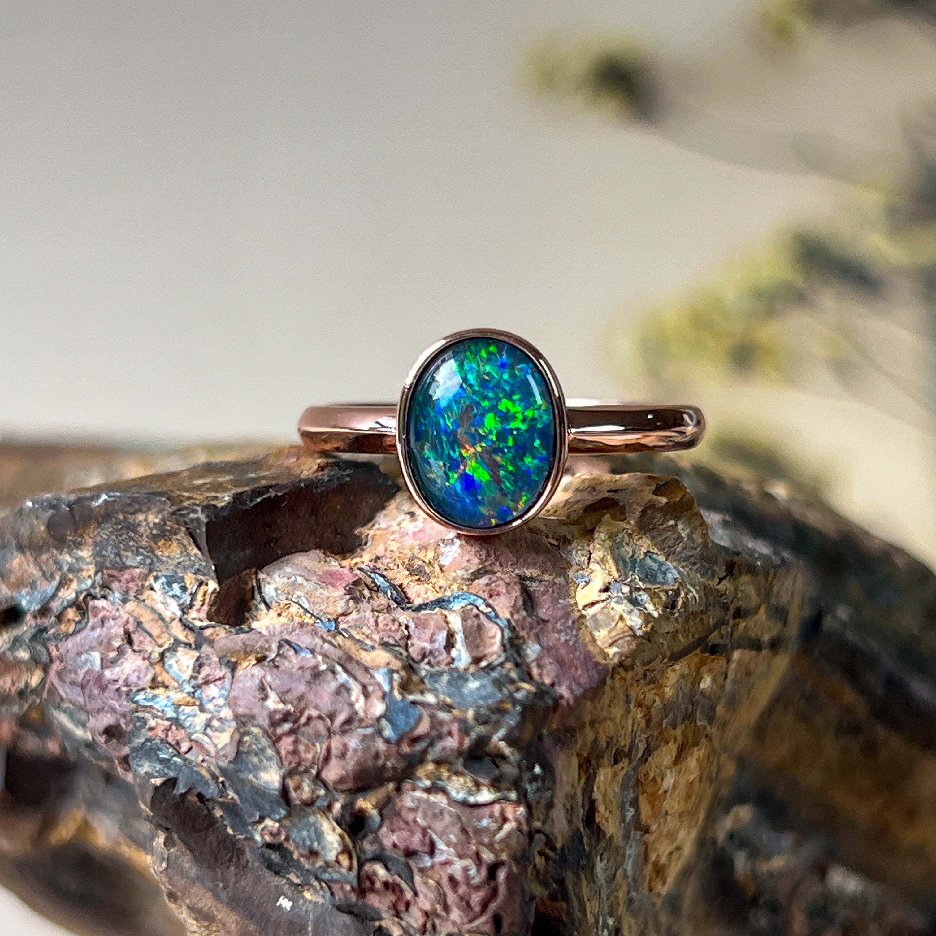 Rose Gold-Plated Sterling Silver Ring - 10x8mm Triplet Opal, Bezel Set, Minimalist Jewelry, Perfect Gift for Her, Opal Ring - Masterpiece Jewellery Opal & Gems Sydney Australia | Online Shop