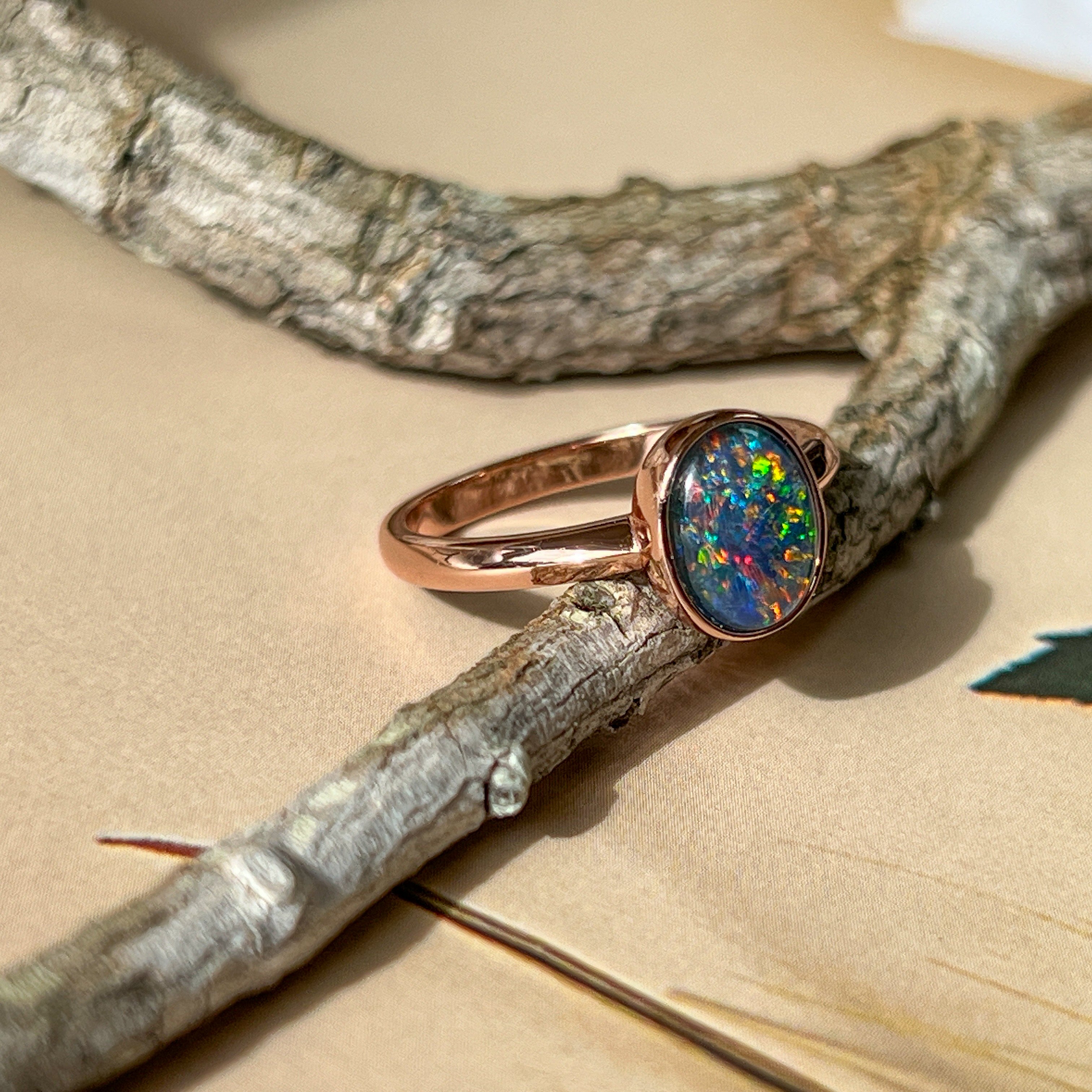 Rose Gold plated sterling silver 9x7mm Triplet Opal ring bezel set - Masterpiece Jewellery Opal & Gems Sydney Australia | Online Shop