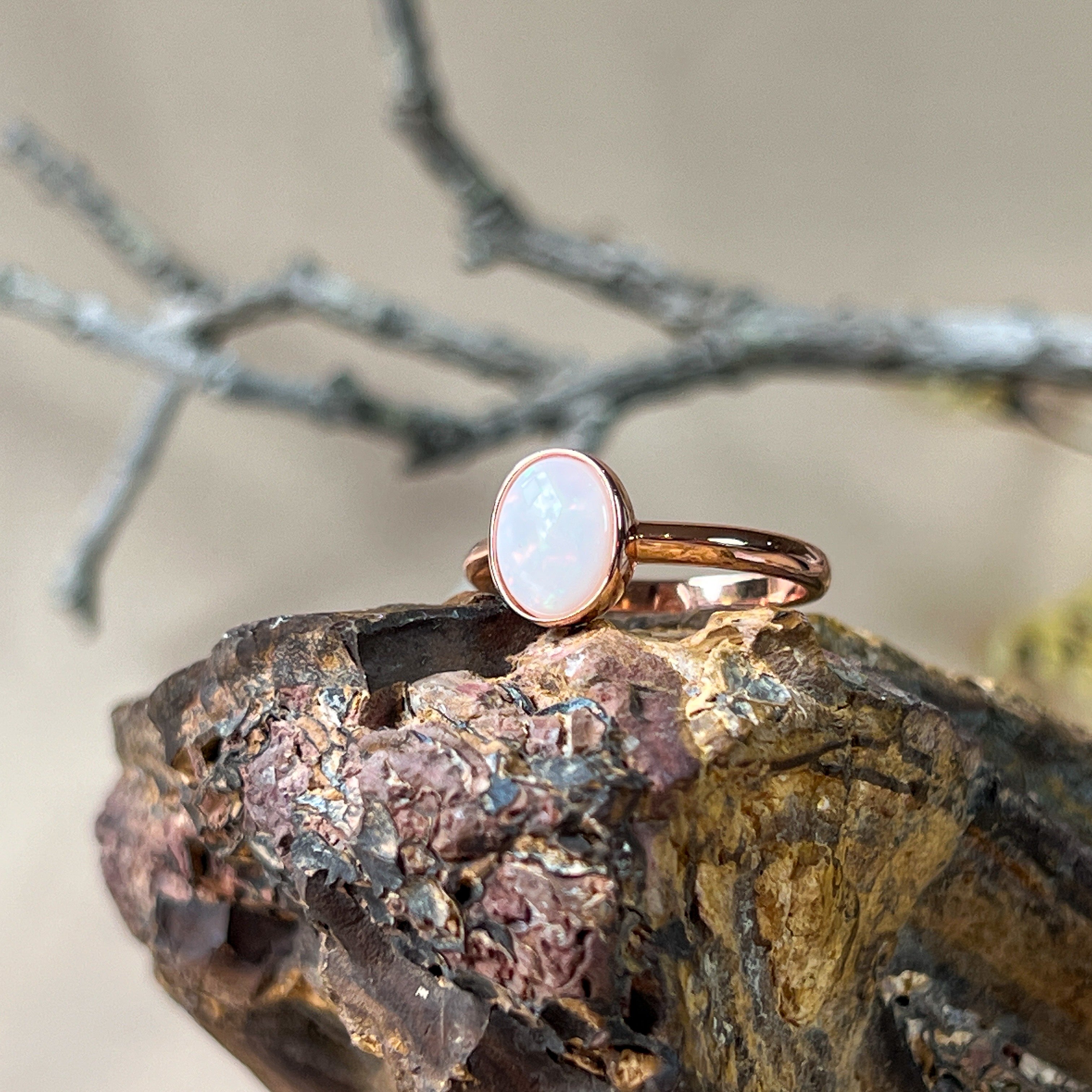 Bezel-Set Solitaire White Opal Ring - 10x8mm, Rose Gold-Plated Sterling Silver, Elegant Minimalist Jewelry, Perfect Gift for Her - Masterpiece Jewellery Opal & Gems Sydney Australia | Online Shop