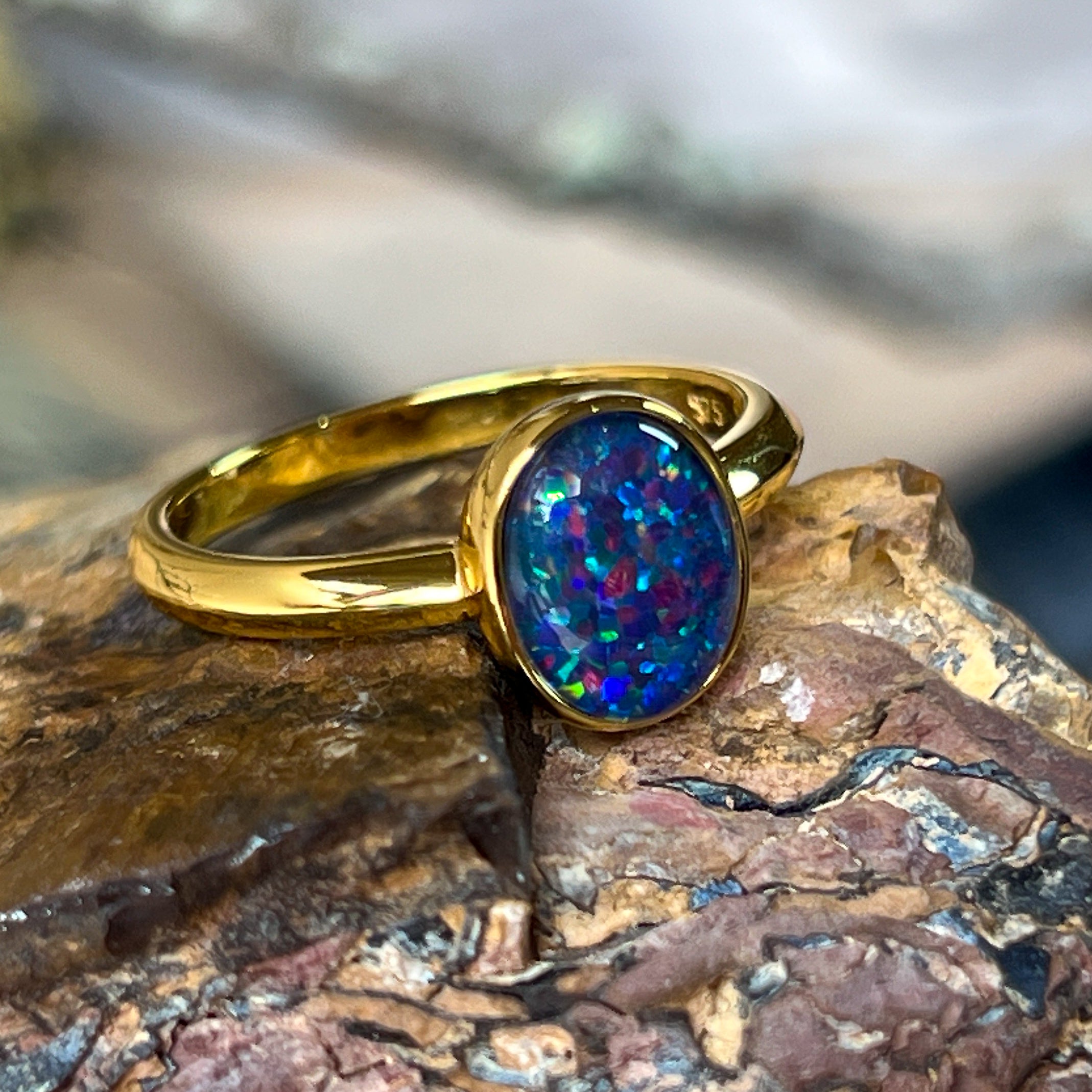 Gold plated sterling silver 9x7mm Triplet Opal ring solitaire bezel set - Masterpiece Jewellery Opal & Gems Sydney Australia | Online Shop