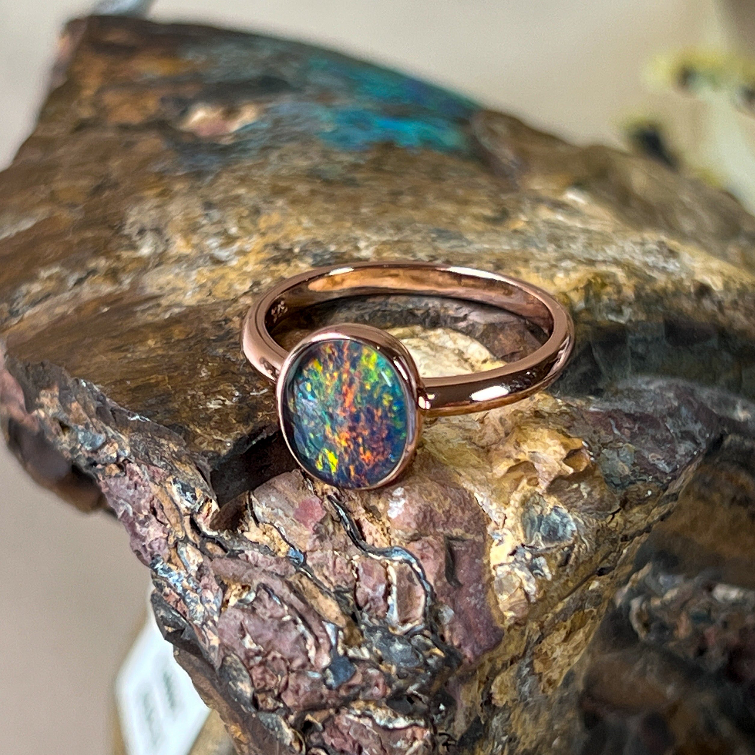 Rose Gold-Plated Sterling Silver Ring - 10x8mm Triplet Opal, Bezel Set, Minimalist Jewelry, Perfect Gift for Her, Opal Ring - Masterpiece Jewellery Opal & Gems Sydney Australia | Online Shop