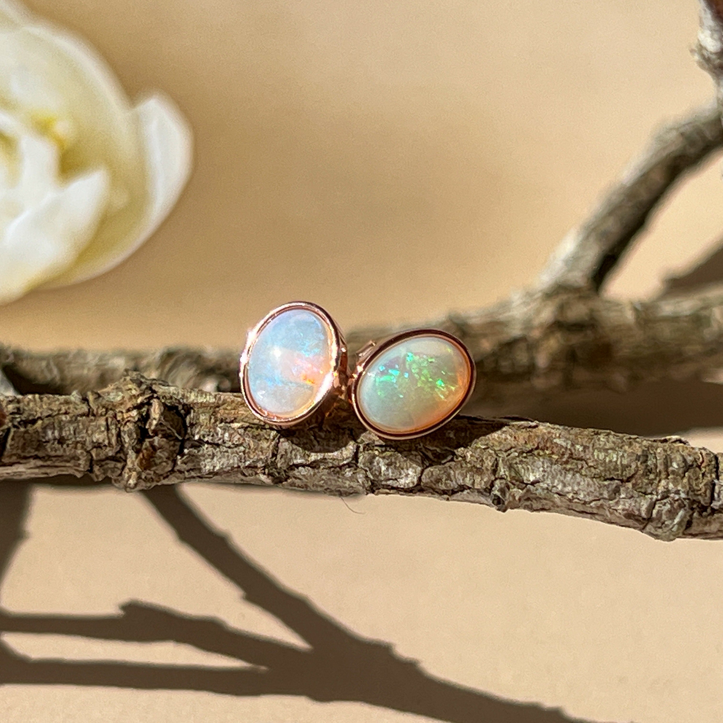 Rose Gold plated 8x6mm White Opal earrings studs bezel set - Masterpiece Jewellery Opal & Gems Sydney Australia | Online Shop