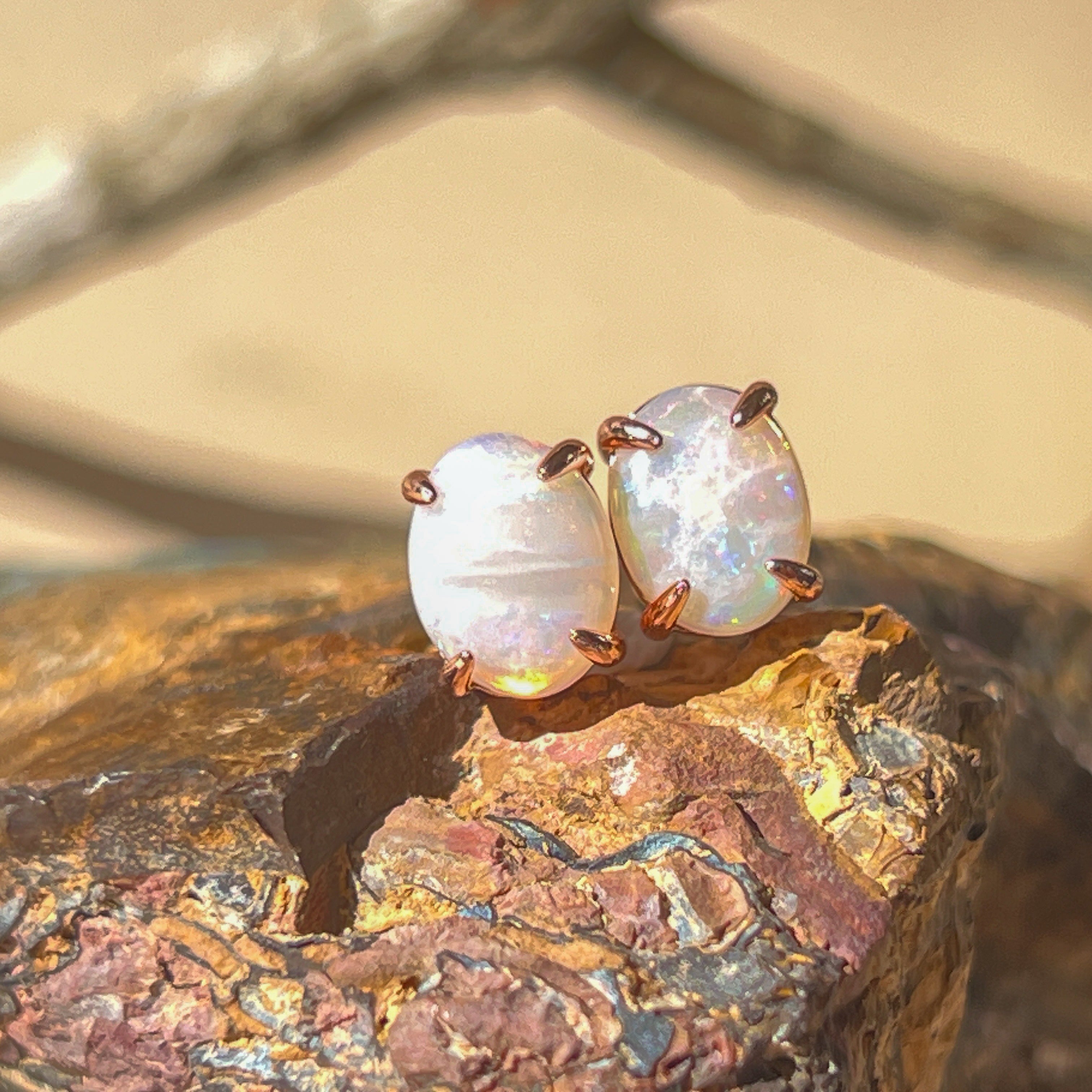 Rose Gold plated Sterling Silver White Opal studs 9x7mm pair - Masterpiece Jewellery Opal & Gems Sydney Australia | Online Shop