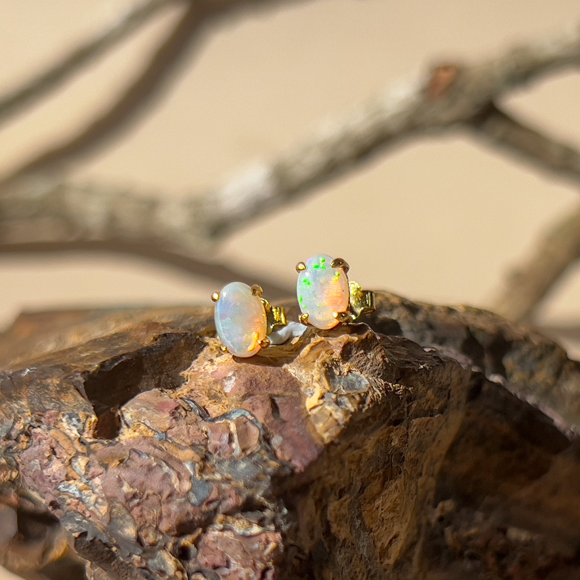 Gold Plated Sterling Silver 6x4mm White Opal studs claw pair - Masterpiece Jewellery Opal & Gems Sydney Australia | Online Shop