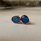 Pair of Rose Gold plated sterling silver 8x6mm Triplet Opal earrings bezel set - Masterpiece Jewellery Opal & Gems Sydney Australia | Online Shop