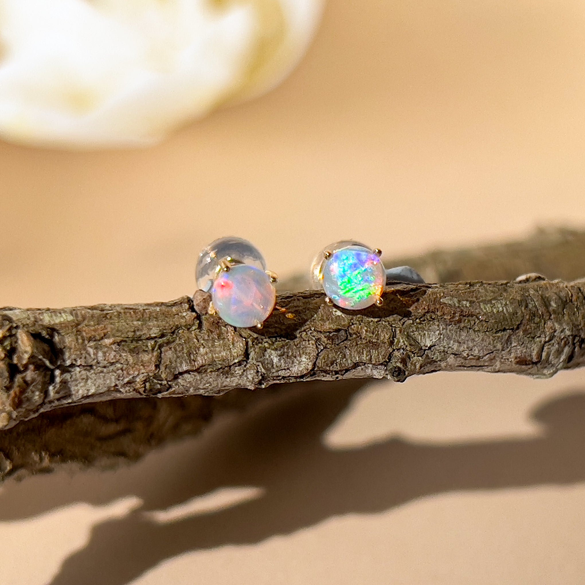 9kt Yellow Gold pair of 4mm Crystal Opal earrings 4 claw set - Masterpiece Jewellery Opal & Gems Sydney Australia | Online Shop