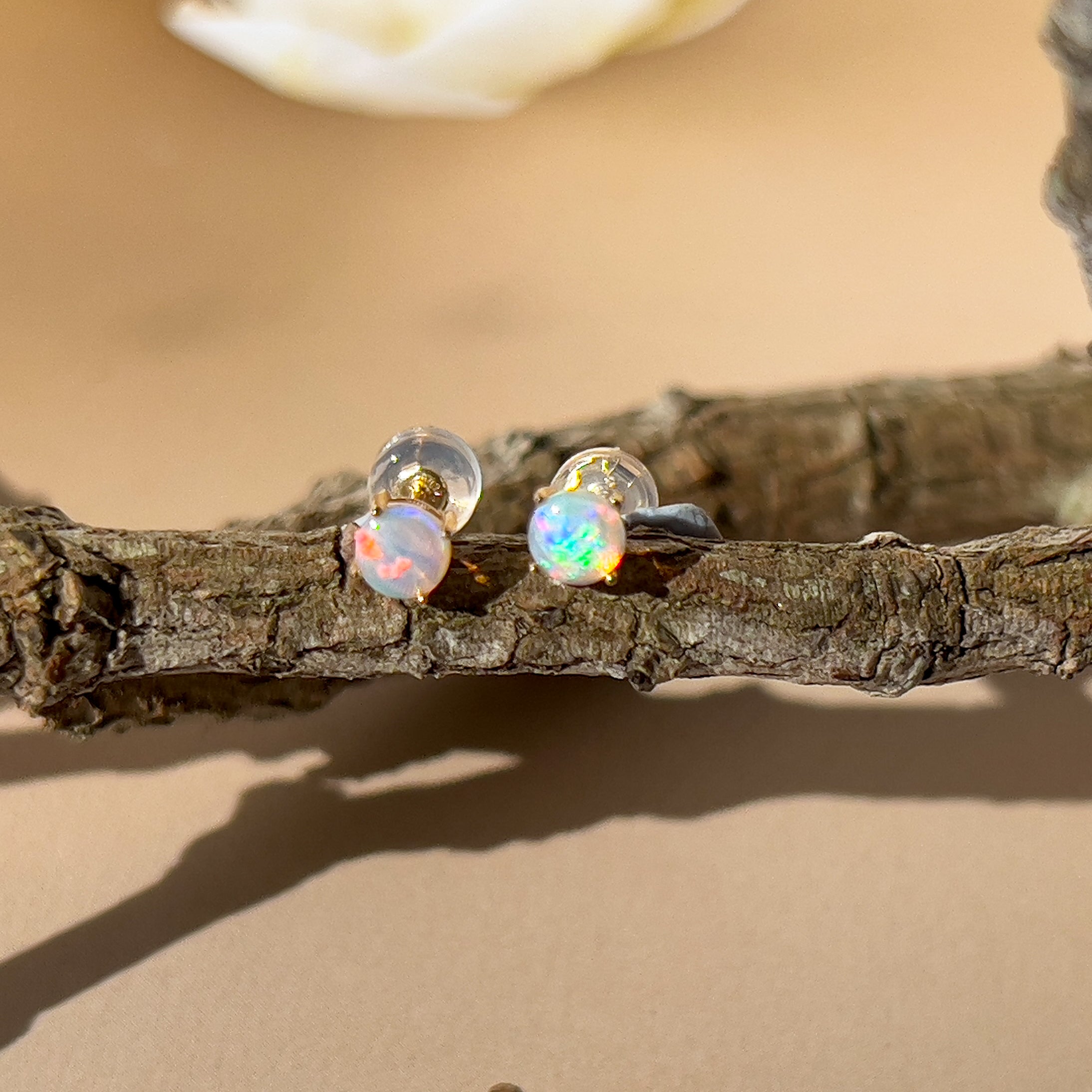 9kt Yellow Gold pair of 4mm Crystal Opal earrings 4 claw set - Masterpiece Jewellery Opal & Gems Sydney Australia | Online Shop