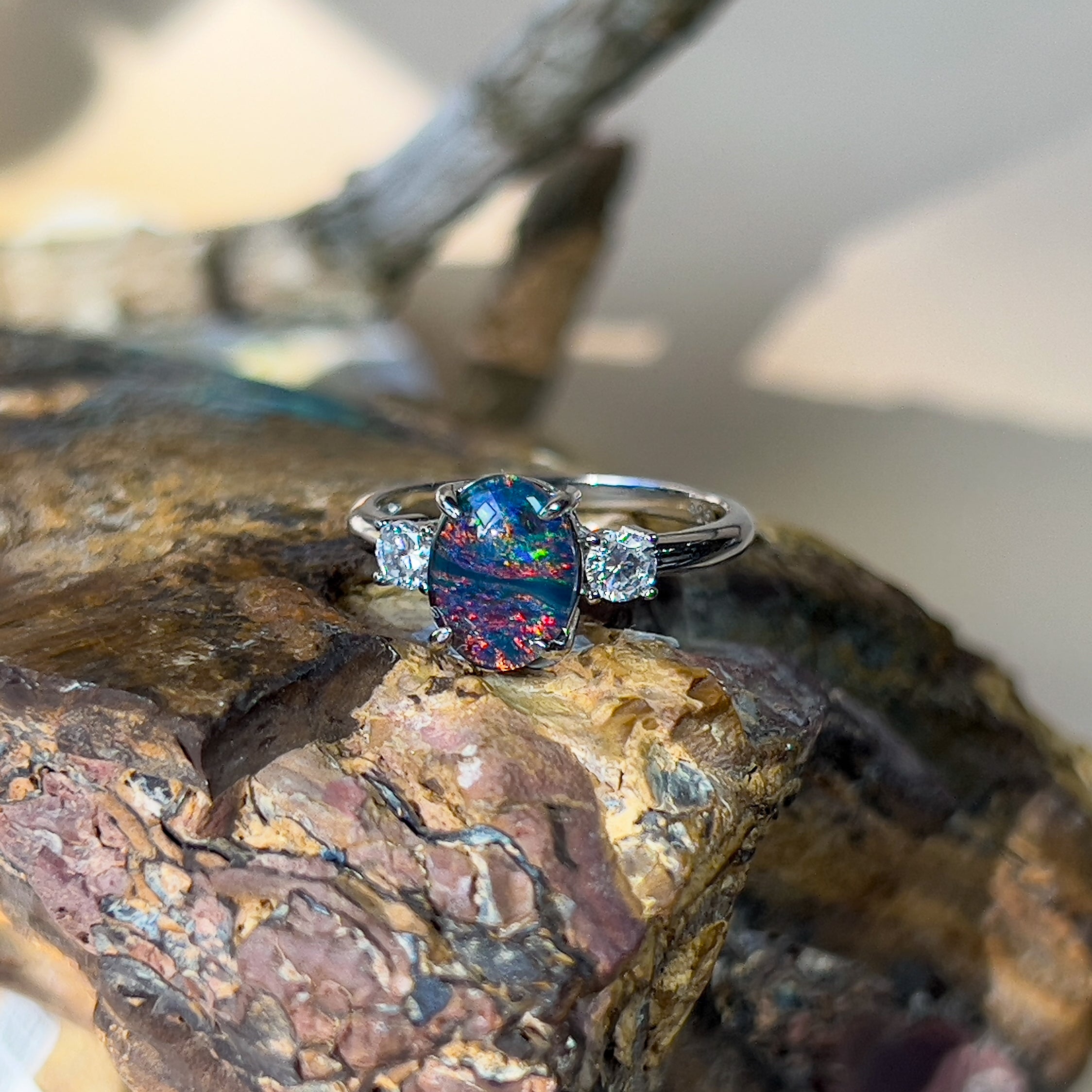 Sterling Silver Opal triplet 10x8mm and cubic zirconia trilogy ring - Masterpiece Jewellery Opal & Gems Sydney Australia | Online Shop