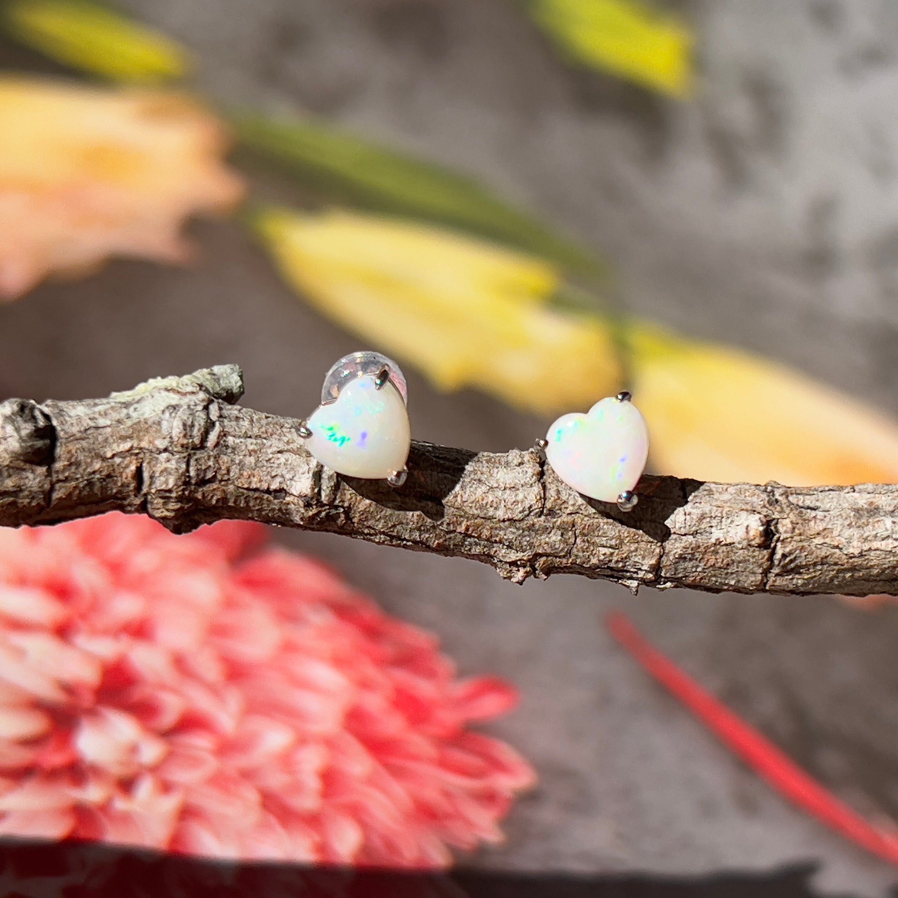 9KT White Gold Opal Stud Earrings, 6mm Heart Shape, Handmade Gift for Her, Minimalist & Dainty Gold Earrings, Cute Opal Jewelry, Birthstone Earrings - Masterpiece Jewellery Opal & Gems Sydney Australia | Online Shop