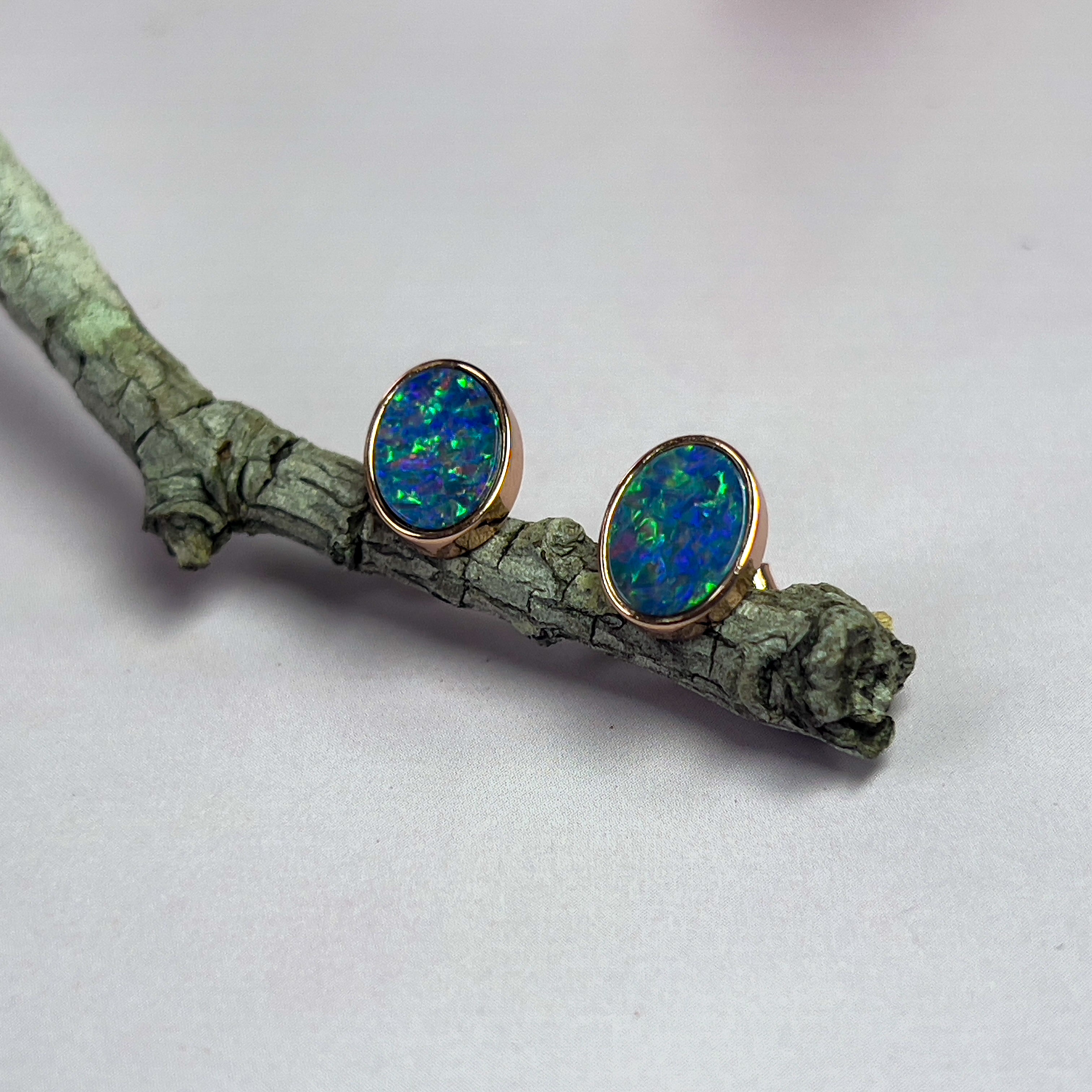 Rose Gold plated 8x6mm Opal doublet earrings - Masterpiece Jewellery Opal & Gems Sydney Australia | Online Shop