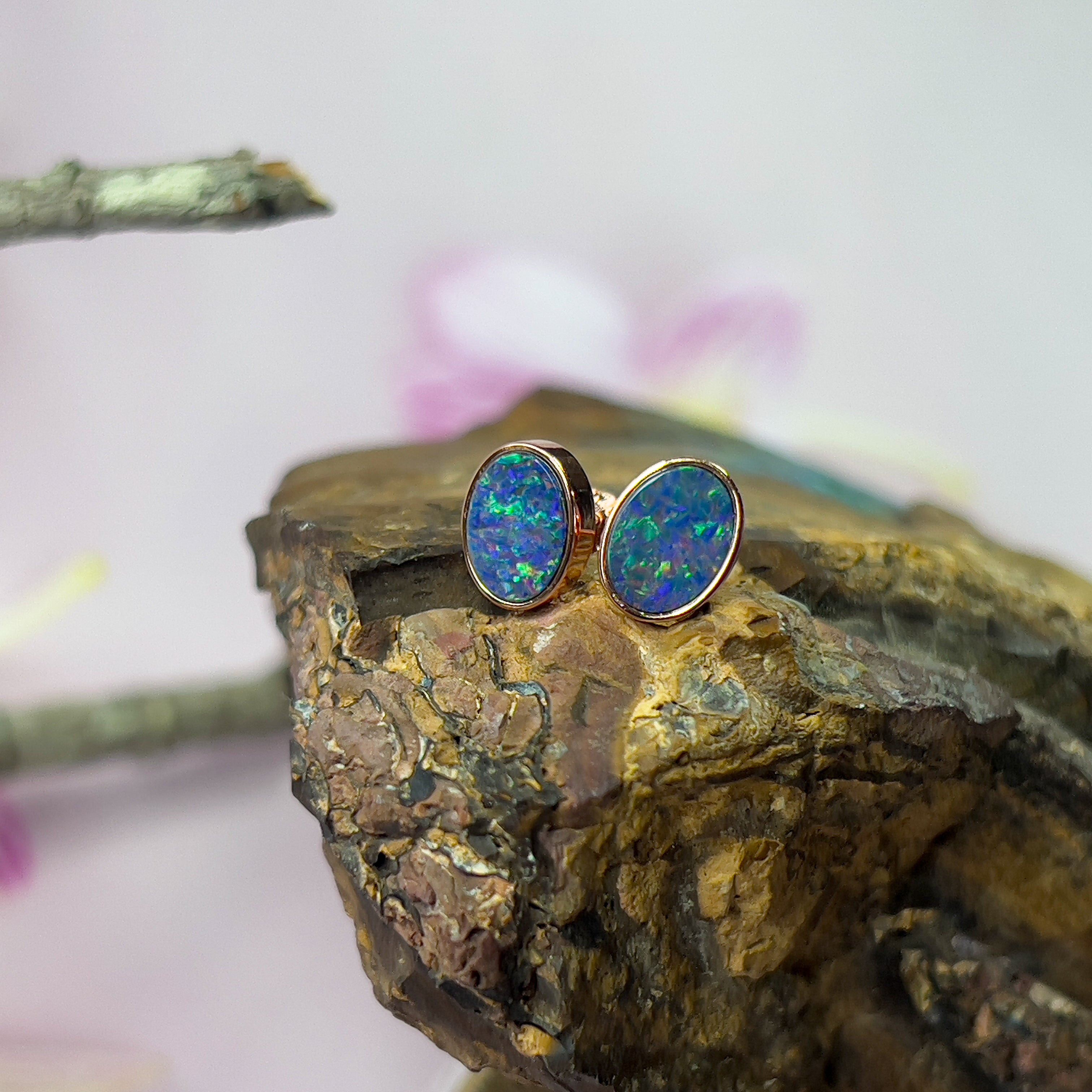 Rose Gold plated 8x6mm Opal doublet earrings - Masterpiece Jewellery Opal & Gems Sydney Australia | Online Shop