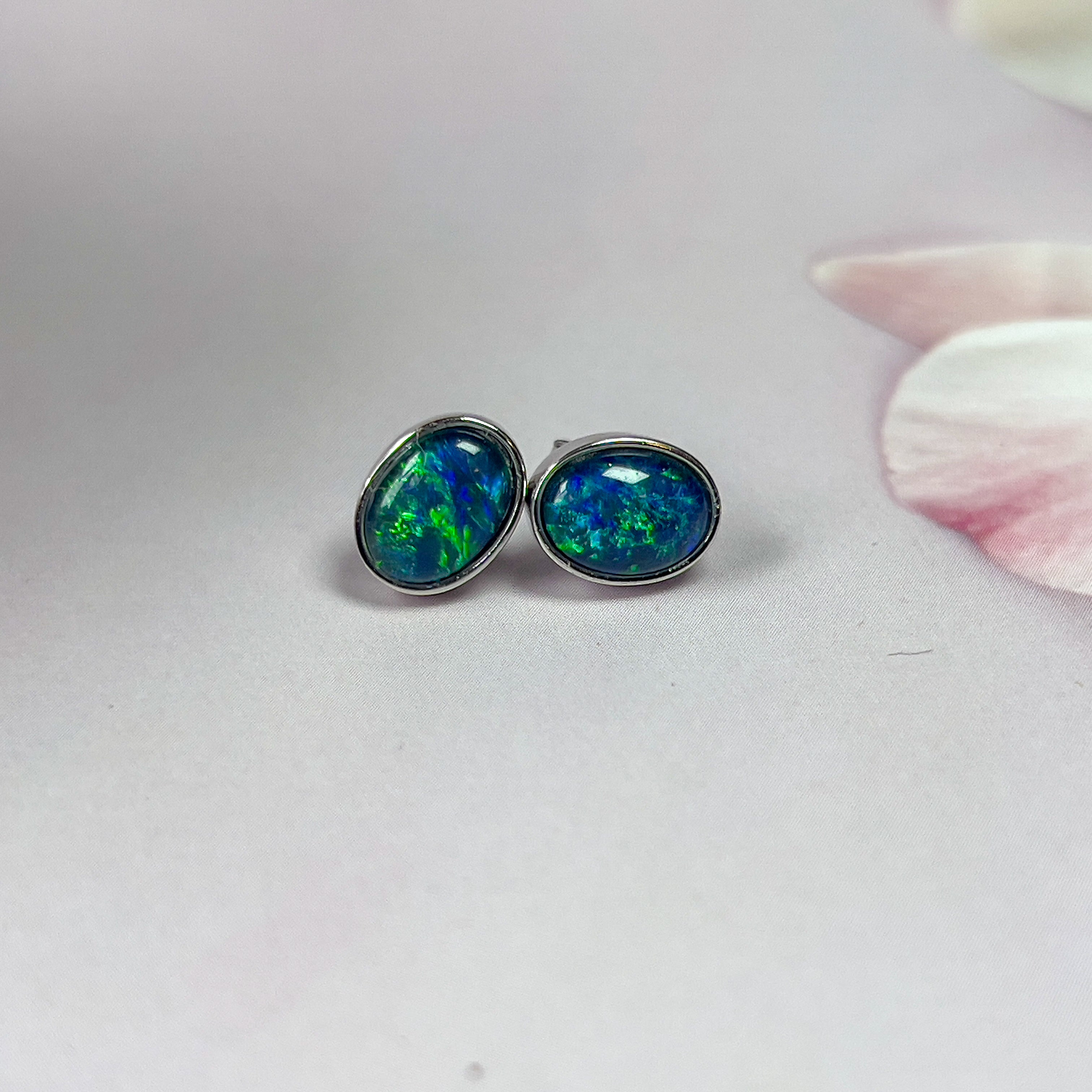 Sterling Silver Bezel Studs, 8x6mm Triplet Opal Earrings, Handmade Dainty Birthstone Jewelry, Perfect Gift for Her - Masterpiece Jewellery Opal & Gems Sydney Australia | Online Shop