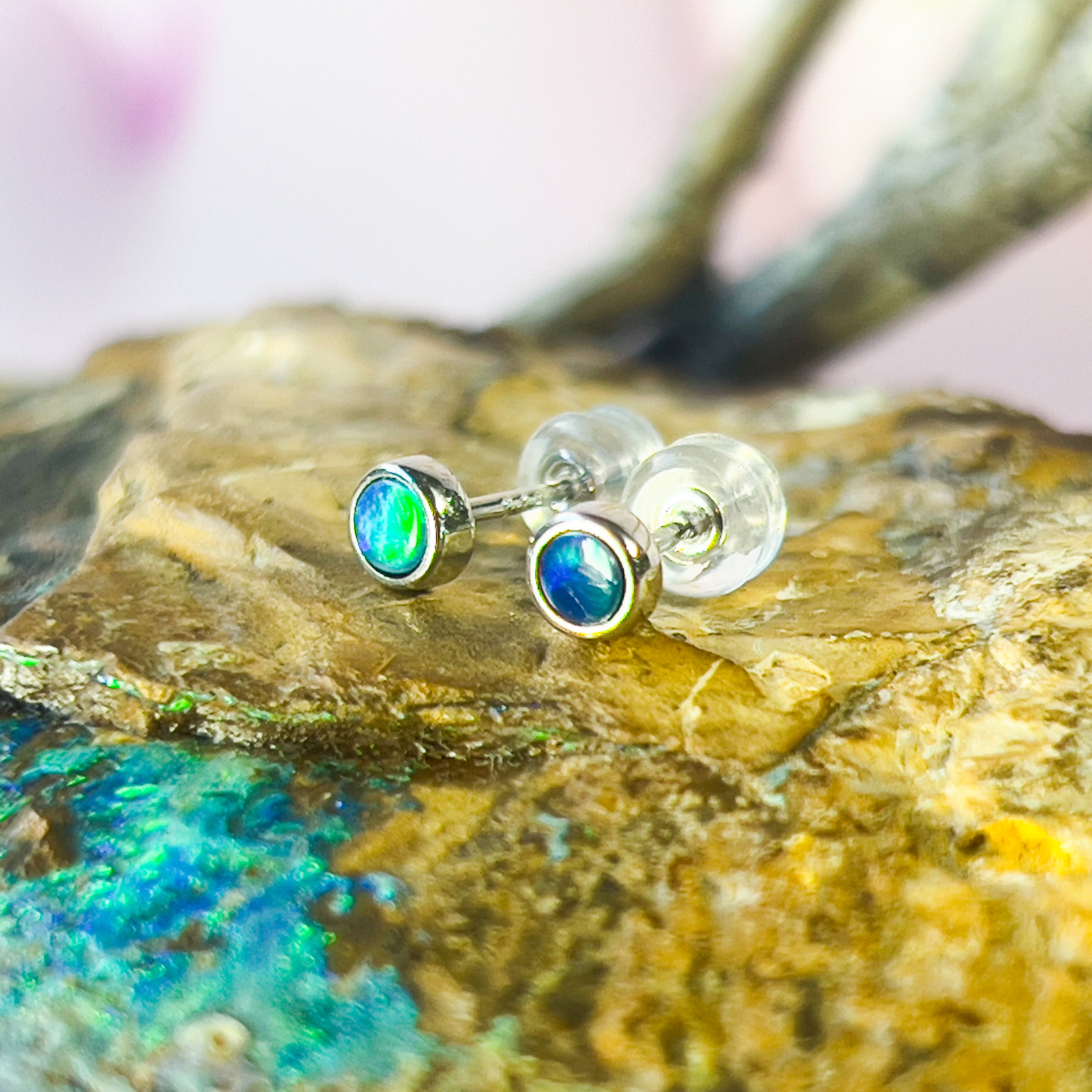 9Kt White Gold 4mm Opal Doublet Studs - Handmade Opal Earrings, Dainty & Minimalist, Ideal Gift for Her & Birthstone Accessory - Masterpiece Jewellery Opal & Gems Sydney Australia | Online Shop