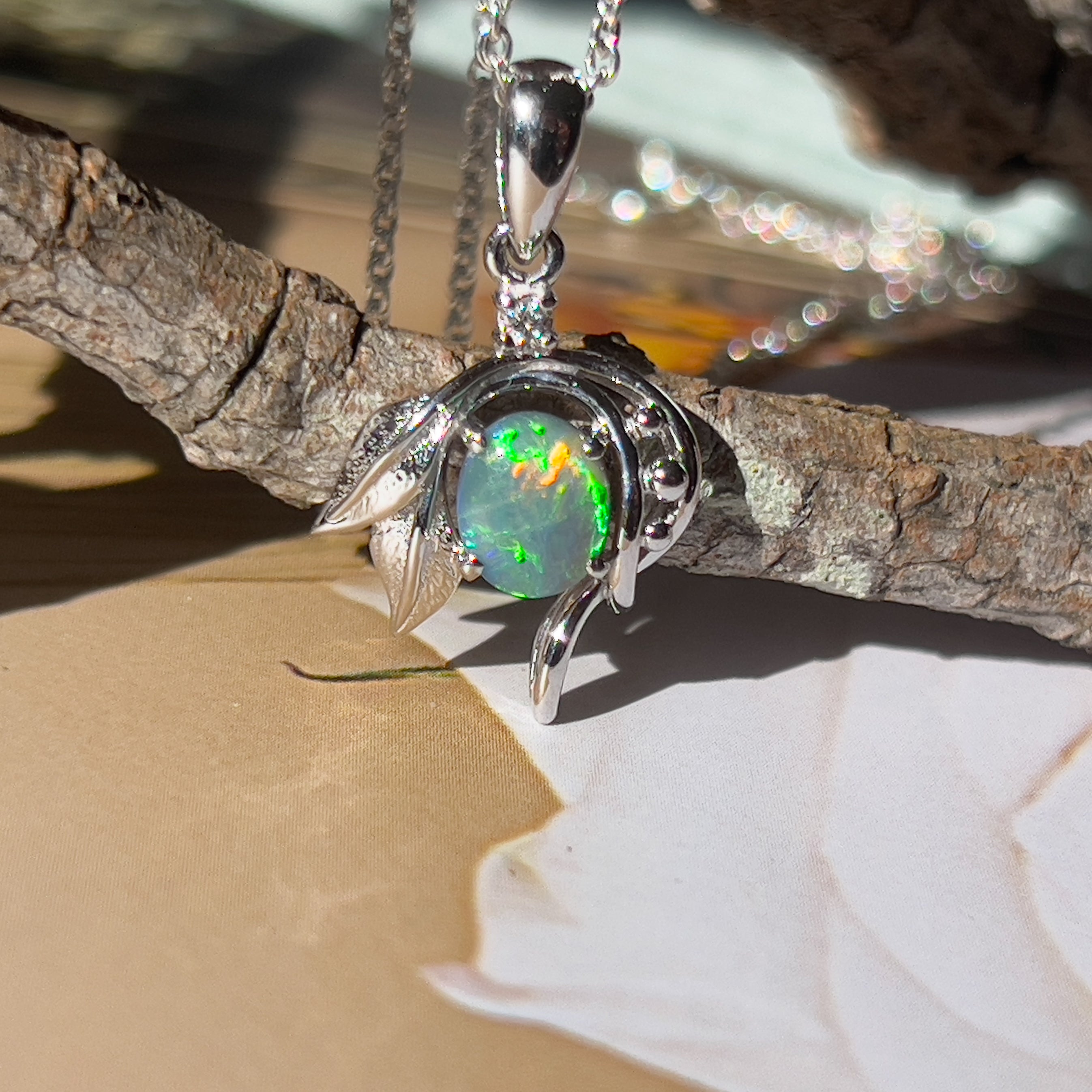 18Kt White Gold Leaf Motif Pendant - 0.74ct Black Opal, Elegant Minimalist Necklace, Perfect Crystal & Birthstone Gift for Her, Women's Necklace - Masterpiece Jewellery Opal & Gems Sydney Australia | Online Shop