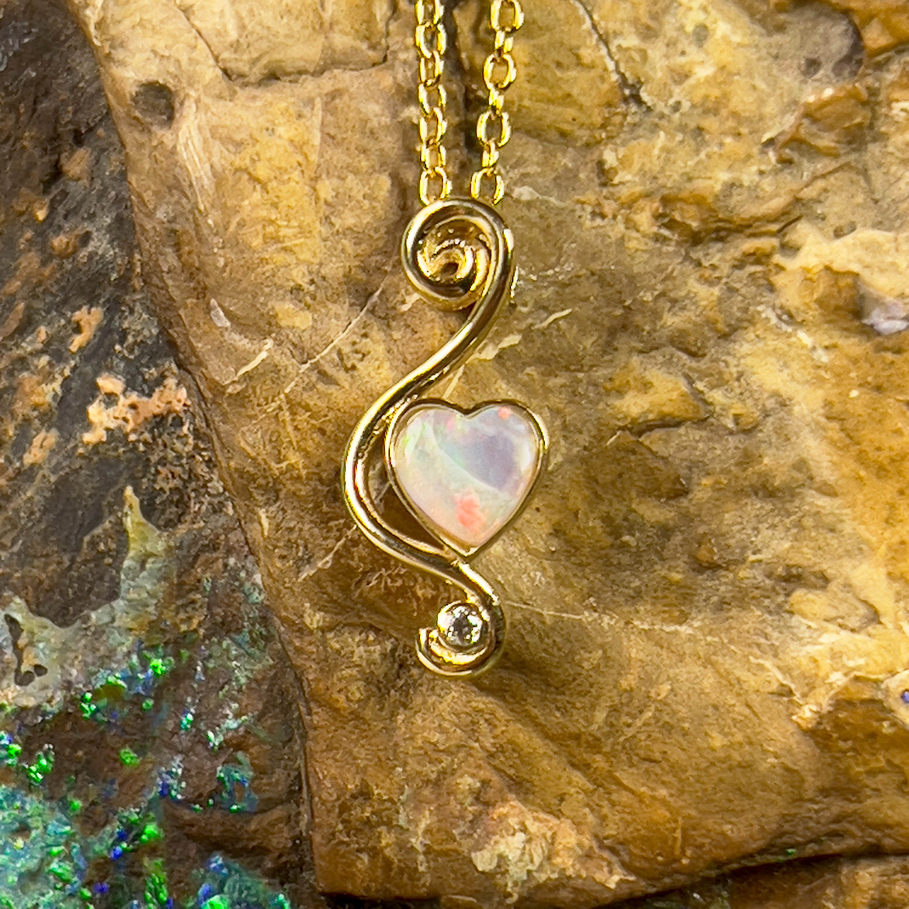 18kt Yellow gold pendant with 5mm Heart Opal and diamond - Masterpiece Jewellery Opal & Gems Sydney Australia | Online Shop