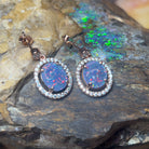 Rose Gold plated dangling halo 10x8mm triplet Opal earrings - Masterpiece Jewellery Opal & Gems Sydney Australia | Online Shop