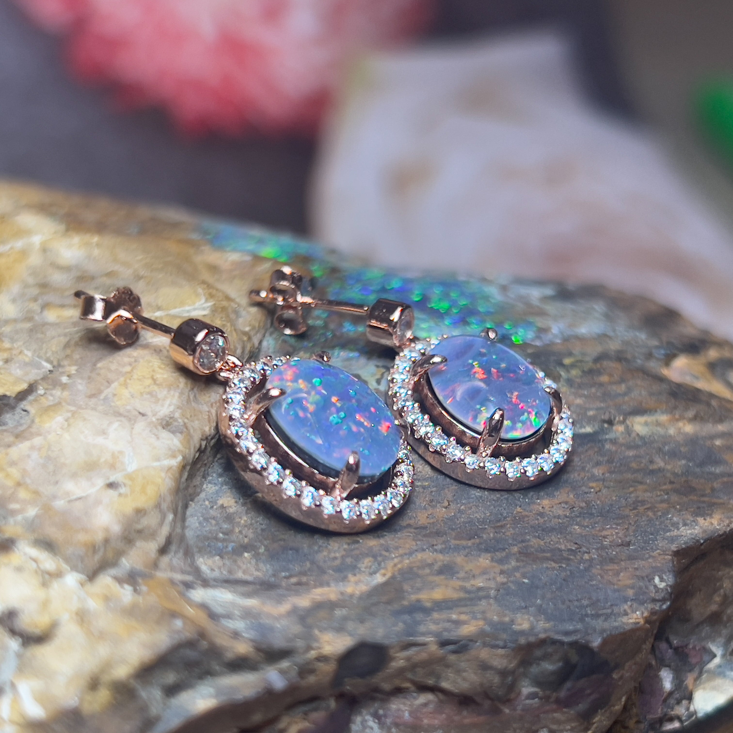 Rose Gold plated dangling halo 10x8mm triplet Opal earrings - Masterpiece Jewellery Opal & Gems Sydney Australia | Online Shop