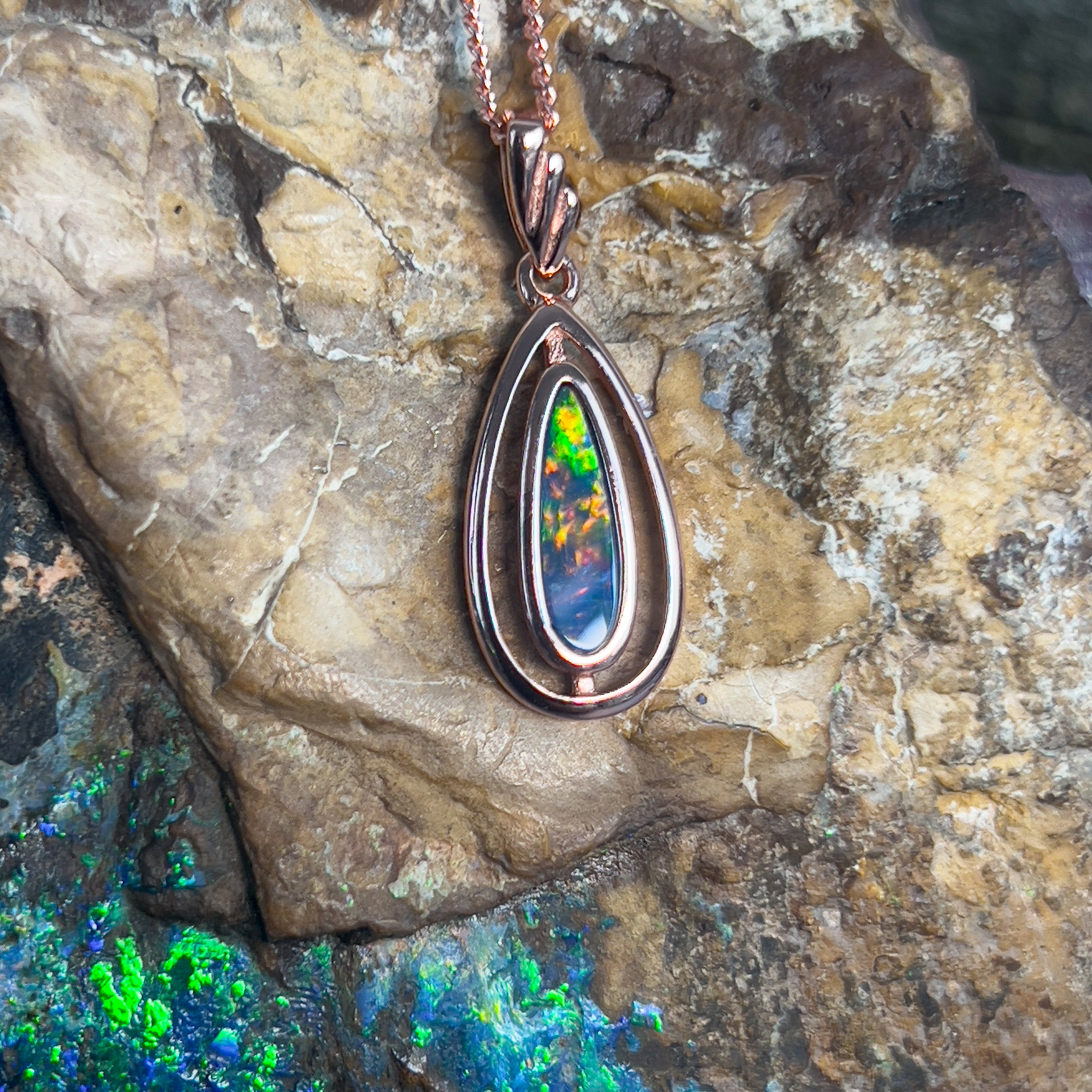 Rose Gold plated silver opal doublet pendant teardrop shape cut out - Masterpiece Jewellery Opal & Gems Sydney Australia | Online Shop