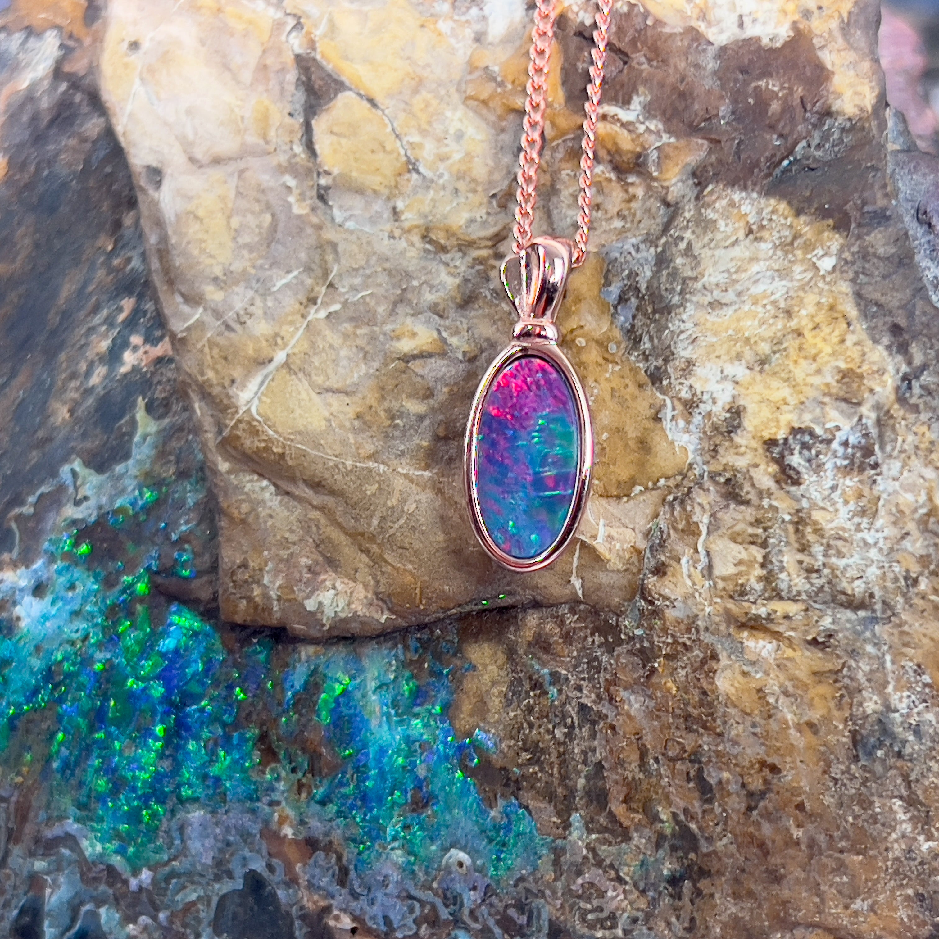 Rose Gold plated Silver Opal doublet 19x7.5mm pendant - Masterpiece Jewellery Opal & Gems Sydney Australia | Online Shop