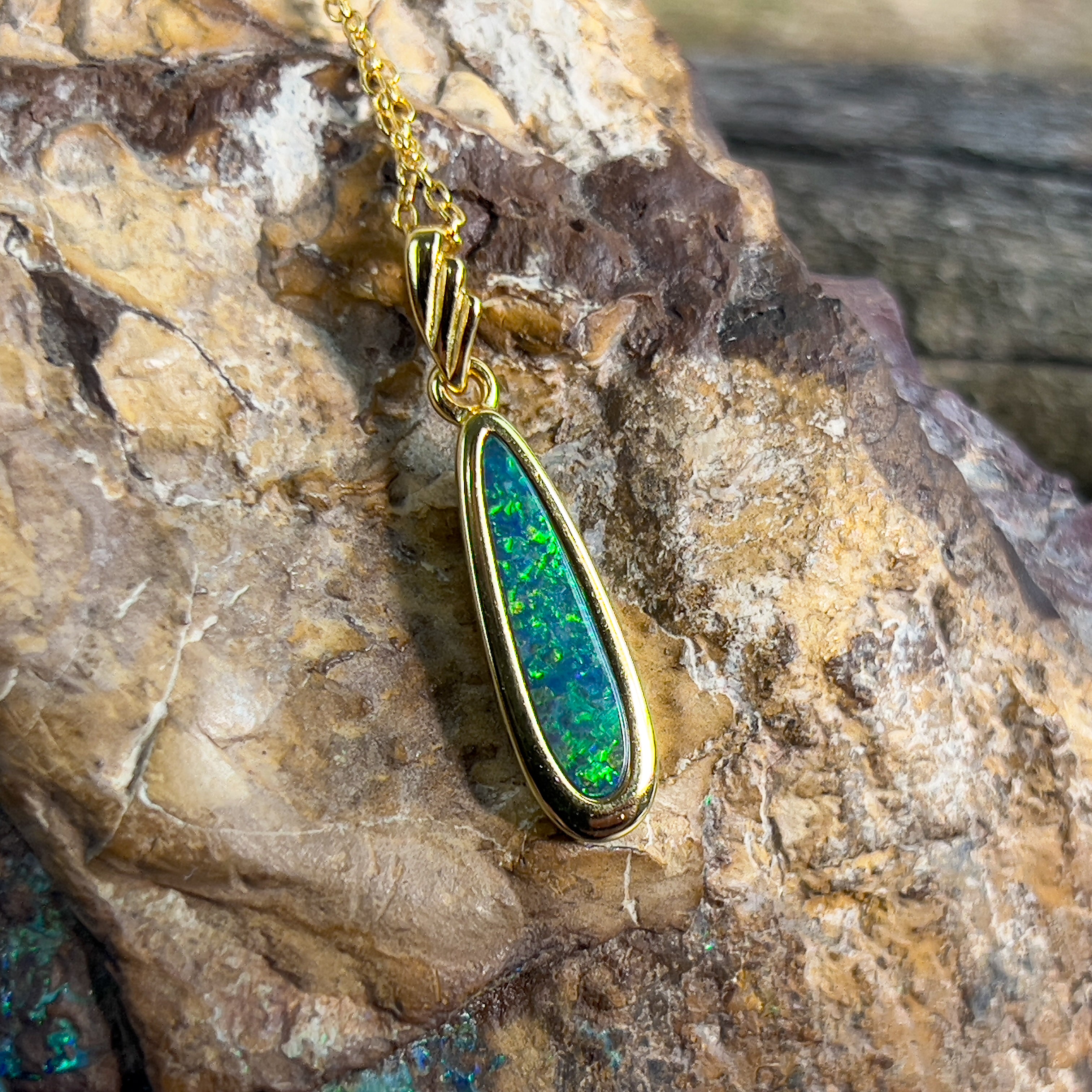 Yellow Gold plated silver opal doublet 27x6.2mm pendant - Masterpiece Jewellery Opal & Gems Sydney Australia | Online Shop