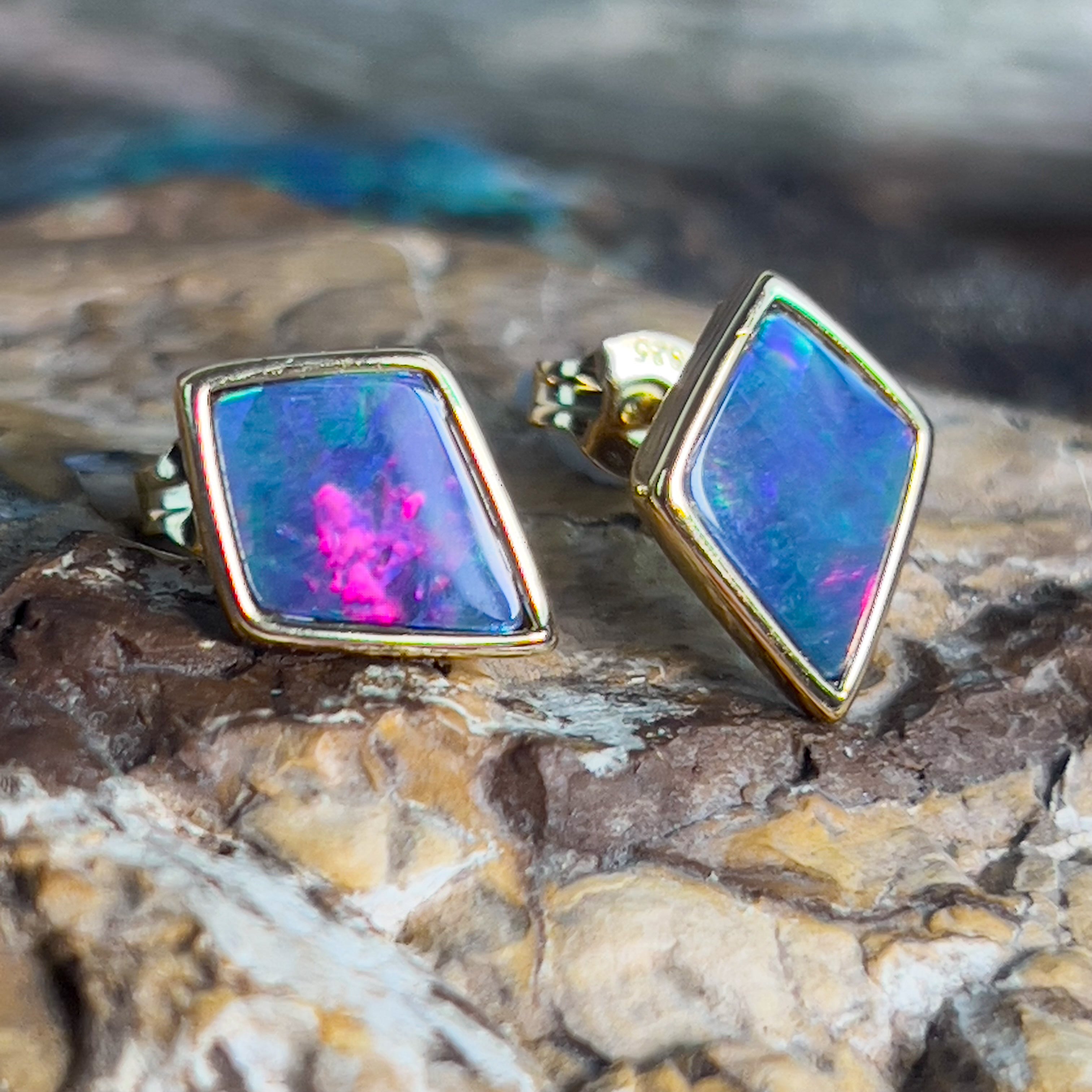 Gold plated silver diamond shape Opal doublet earring studs - Masterpiece Jewellery Opal & Gems Sydney Australia | Online Shop