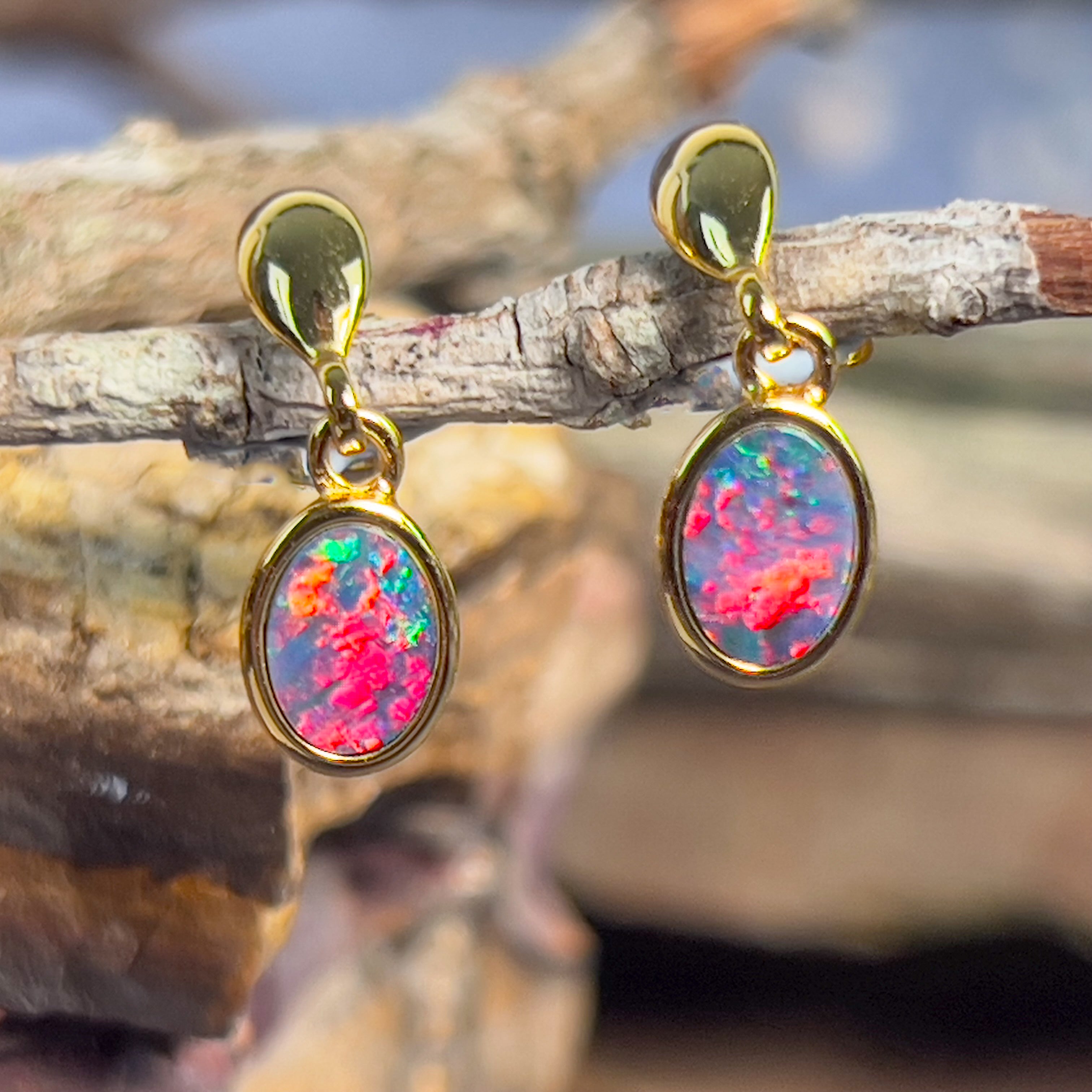 One pair of Yellow Gold dangling opal doublet earrings - Masterpiece Jewellery Opal & Gems Sydney Australia | Online Shop