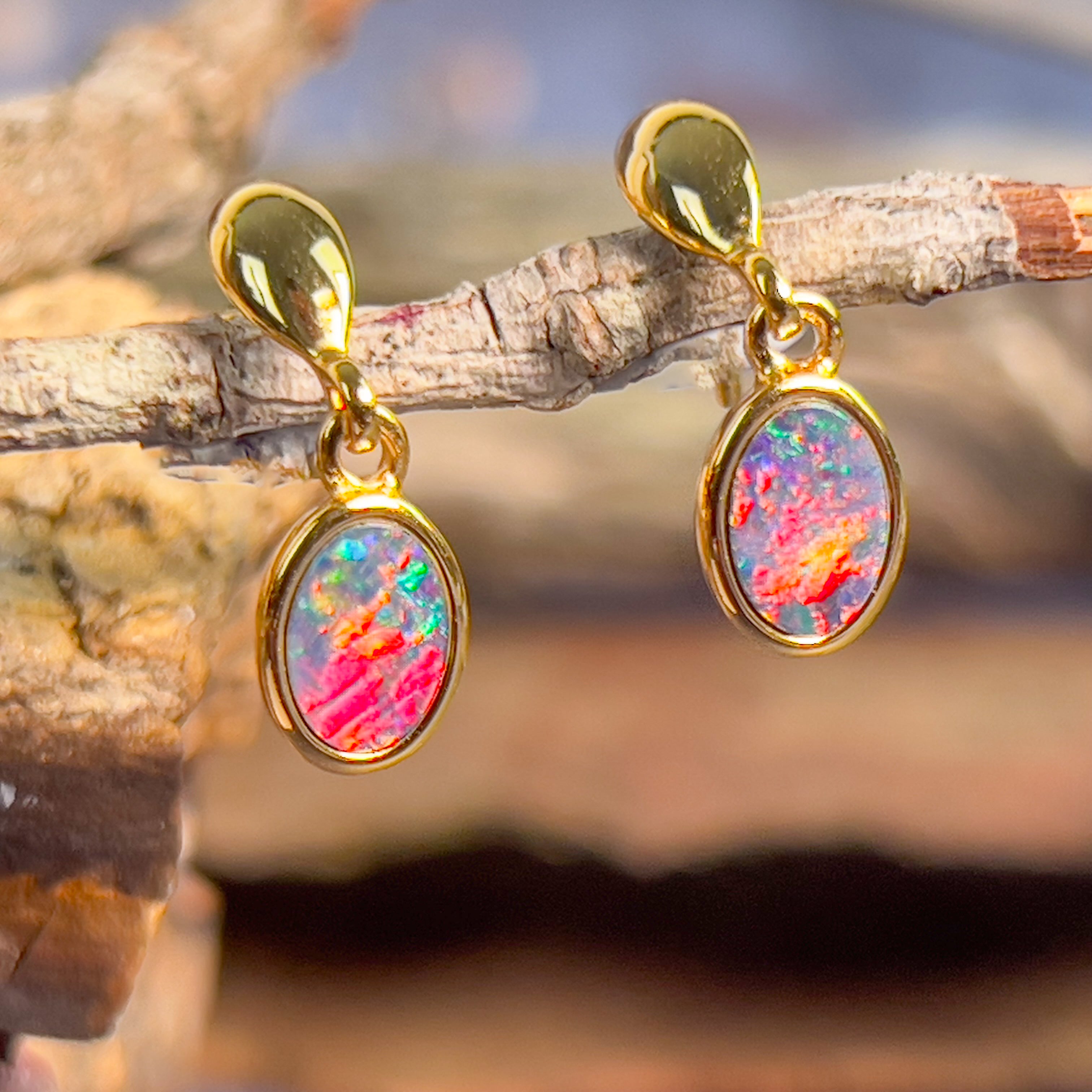 One pair of Yellow Gold dangling opal doublet earrings - Masterpiece Jewellery Opal & Gems Sydney Australia | Online Shop