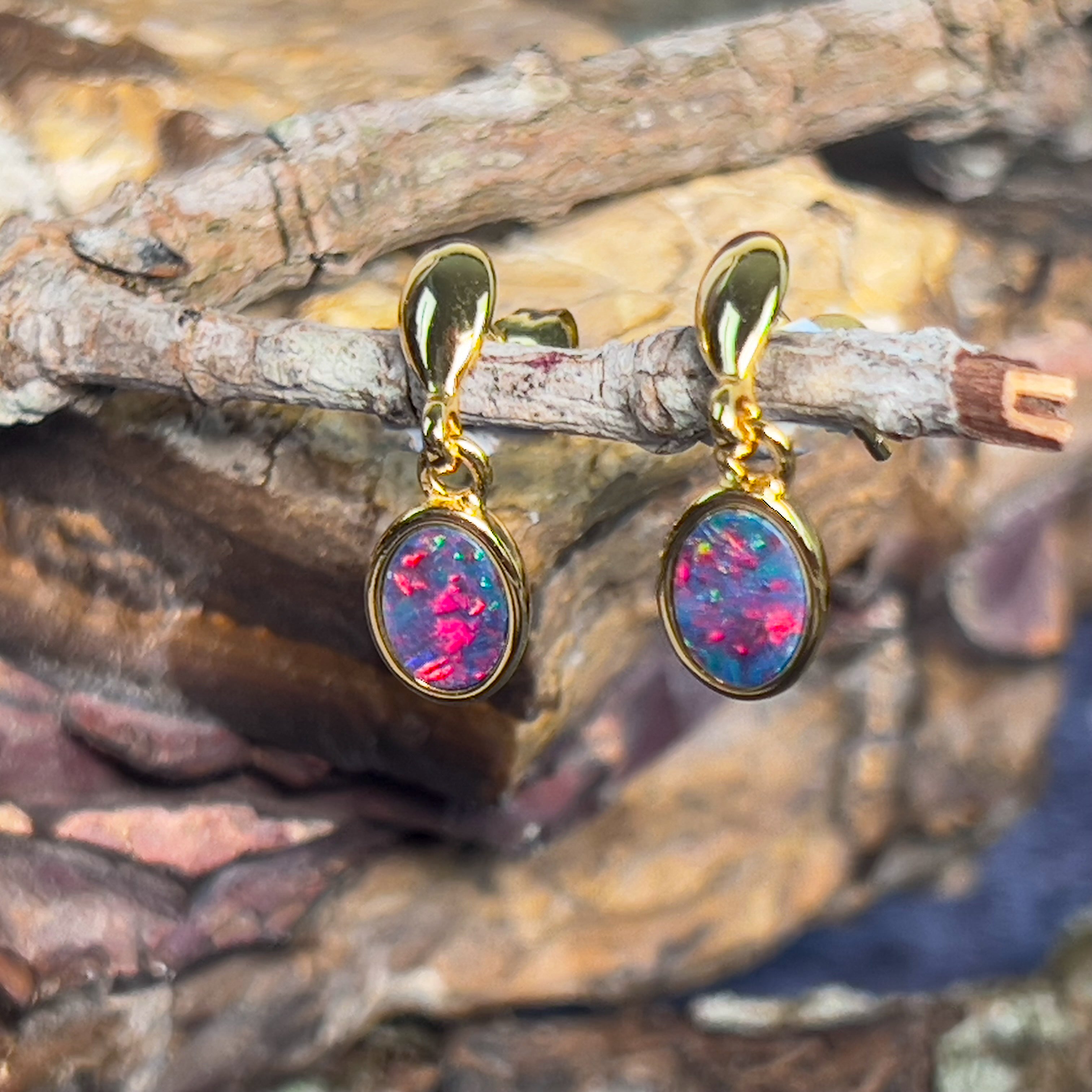 One pair of Yellow Gold dangling opal doublet earrings - Masterpiece Jewellery Opal & Gems Sydney Australia | Online Shop