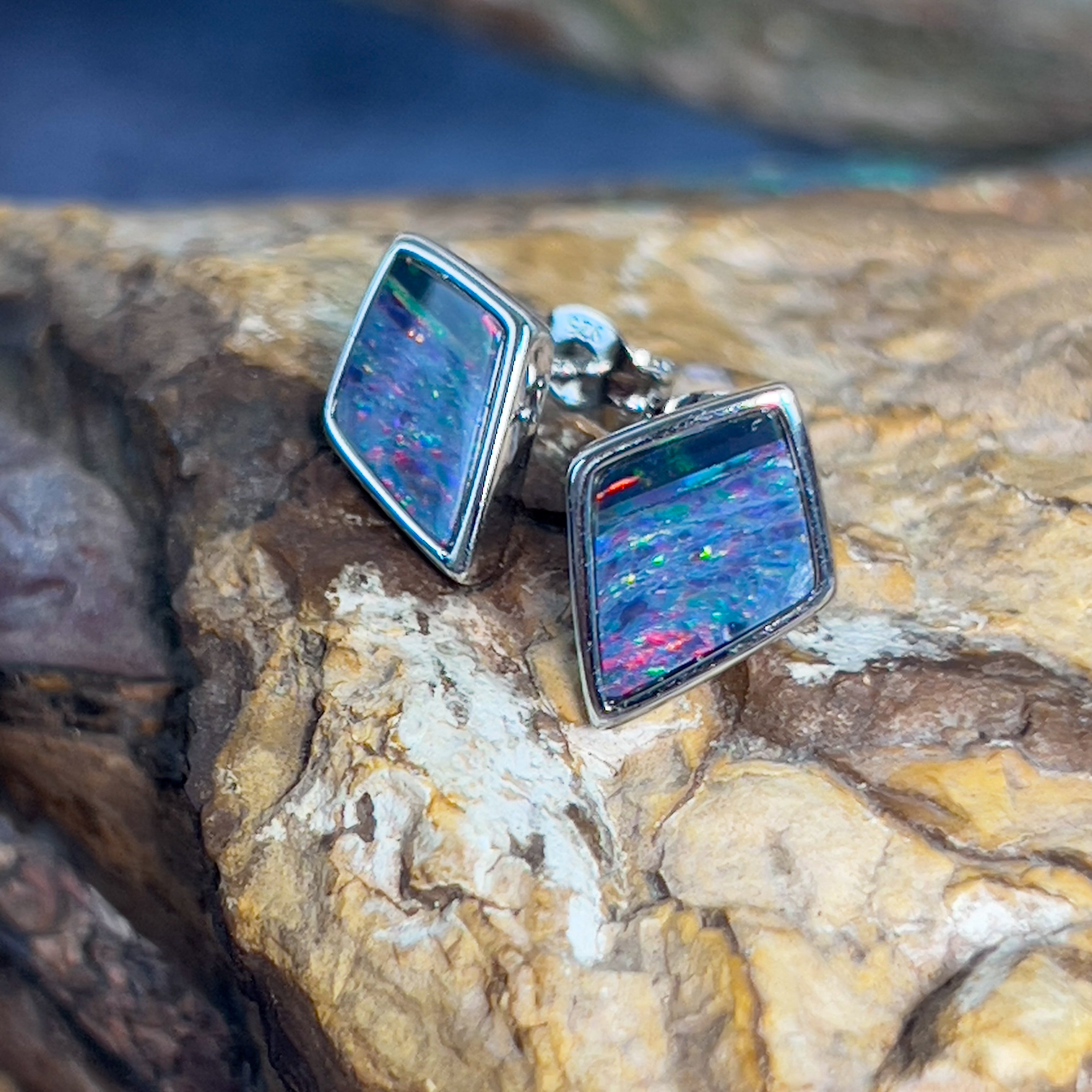 Sterling Silver diamond shape Opal doublet studs - Masterpiece Jewellery Opal & Gems Sydney Australia | Online Shop