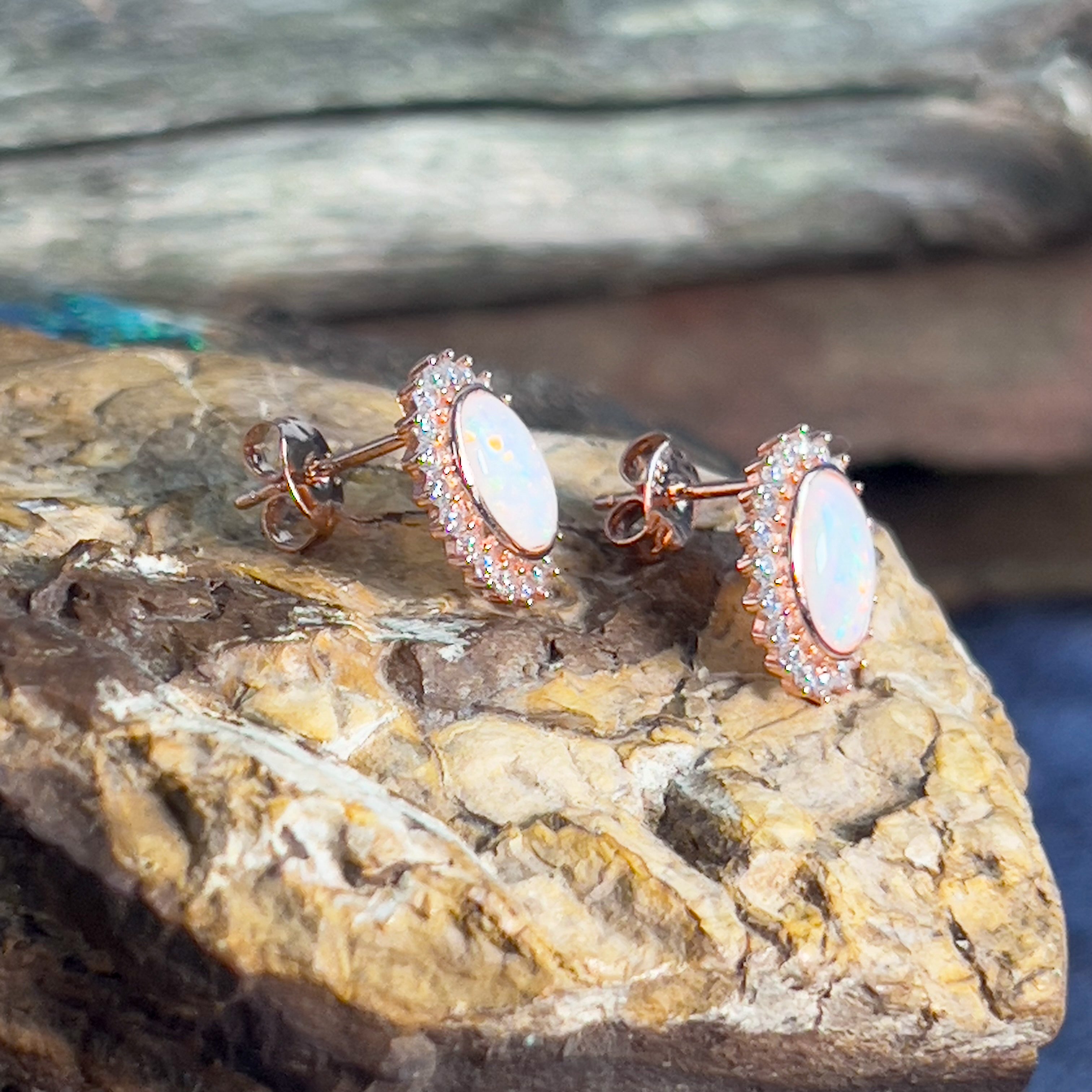 Rose Gold plated silver oval shape White Opal cluster earrings - Masterpiece Jewellery Opal & Gems Sydney Australia | Online Shop