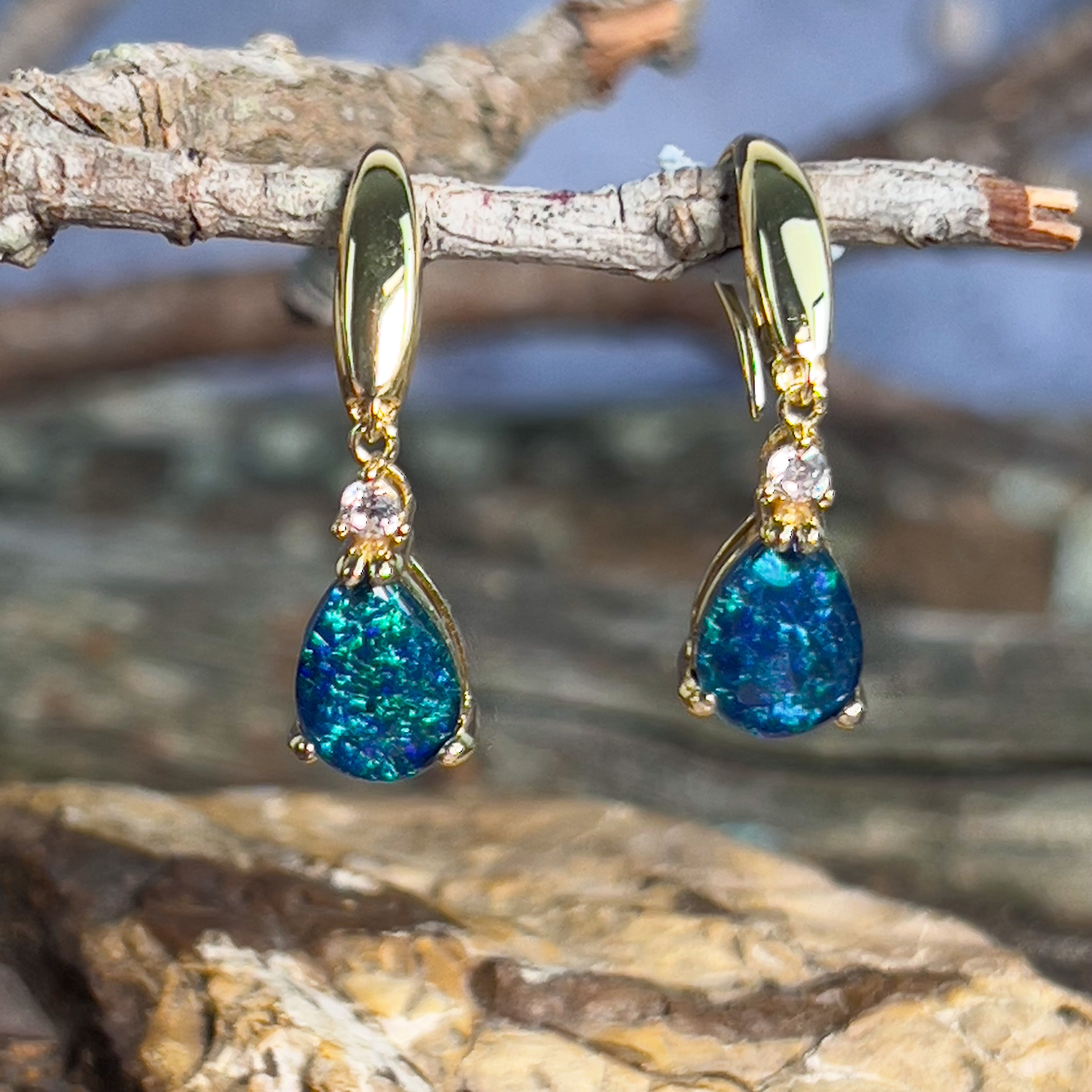 Gold plated Silver 10x7mm Pearshape Opal triplet dangling earrings - Masterpiece Jewellery Opal & Gems Sydney Australia | Online Shop