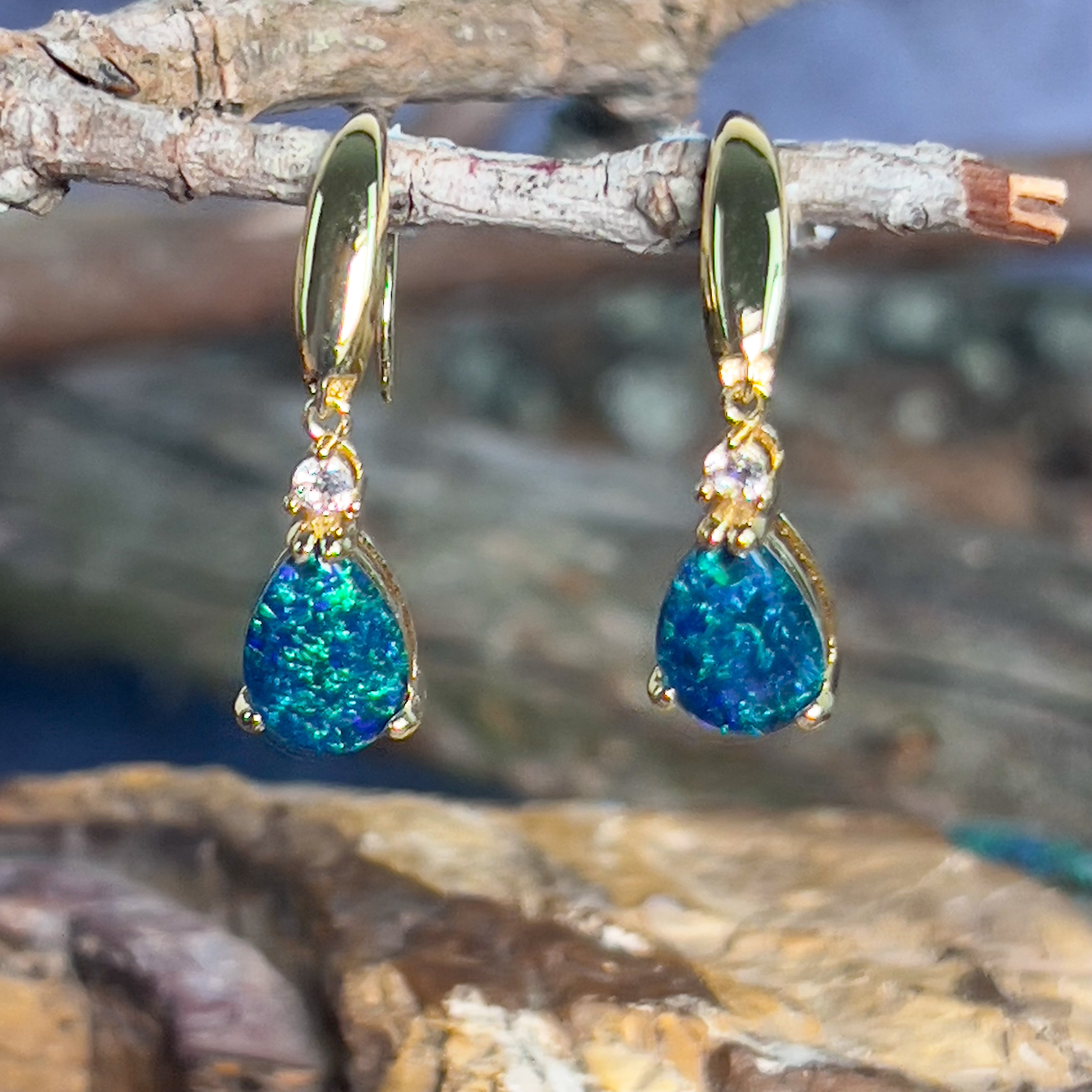 Gold plated Silver 10x7mm Pearshape Opal triplet dangling earrings - Masterpiece Jewellery Opal & Gems Sydney Australia | Online Shop